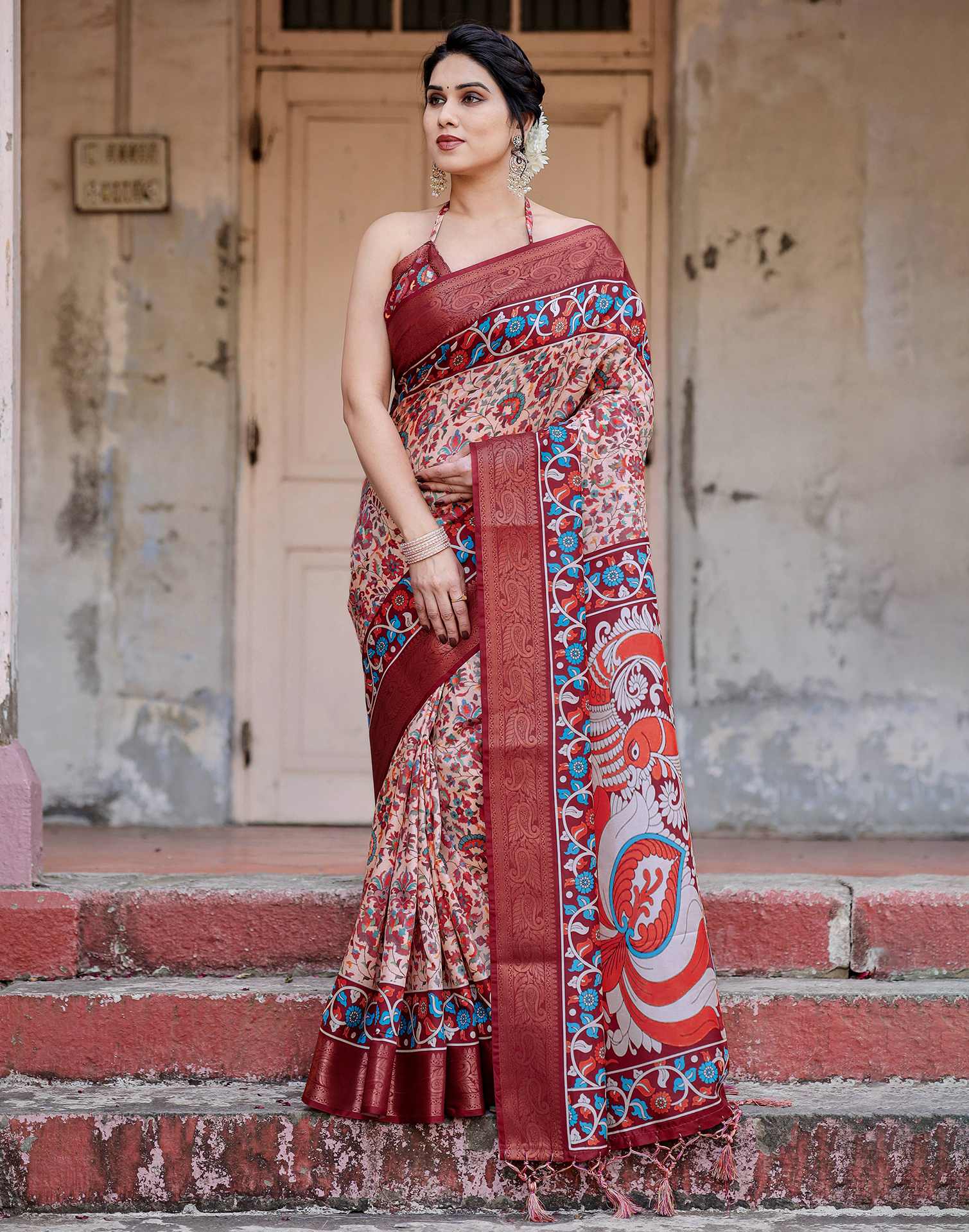 Cream Tussar Silk Printed Saree
