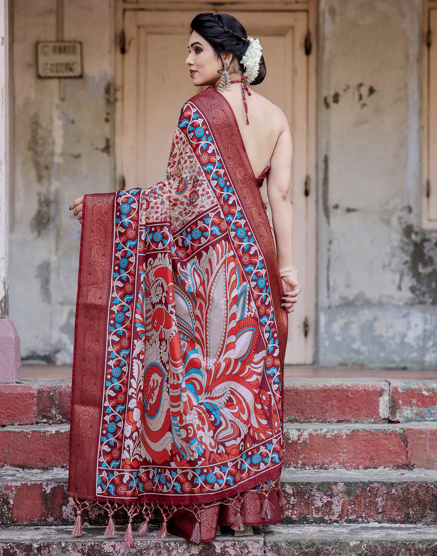 Cream Tussar Silk Printed Saree