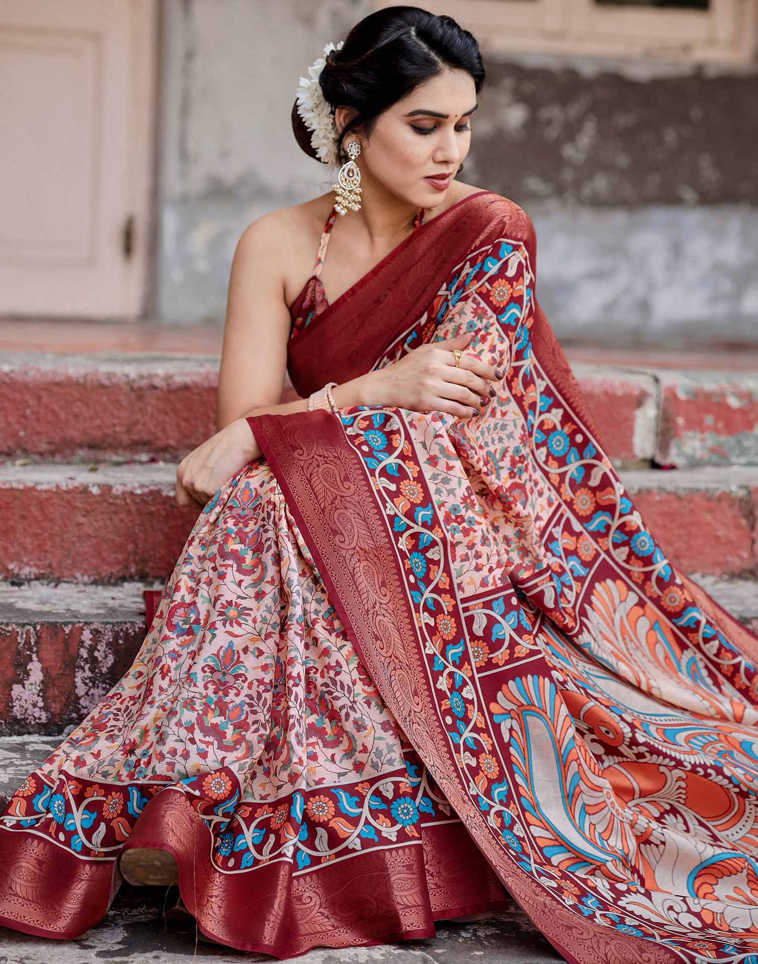 Cream Tussar Silk Printed Saree
