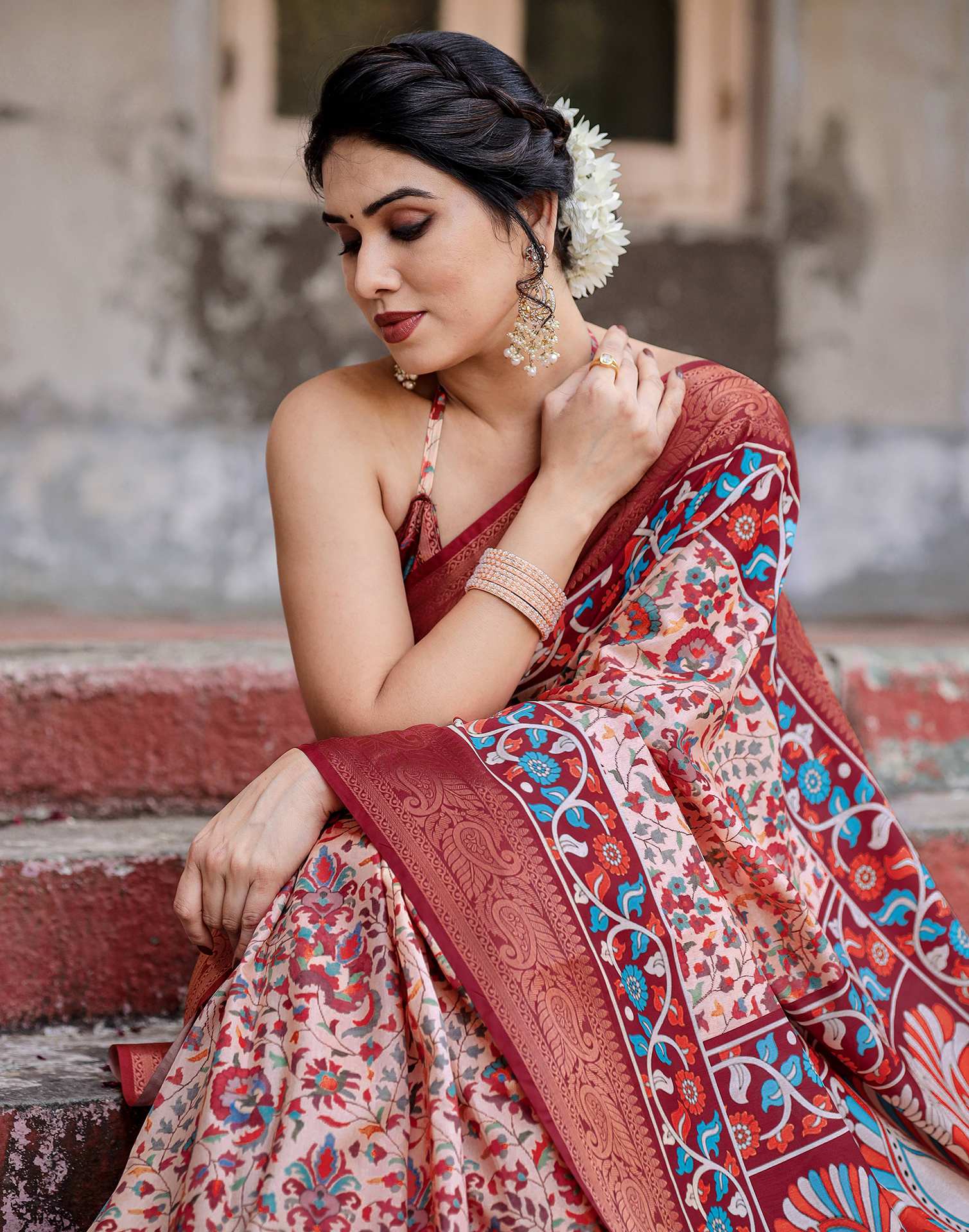 Cream Tussar Silk Printed Saree