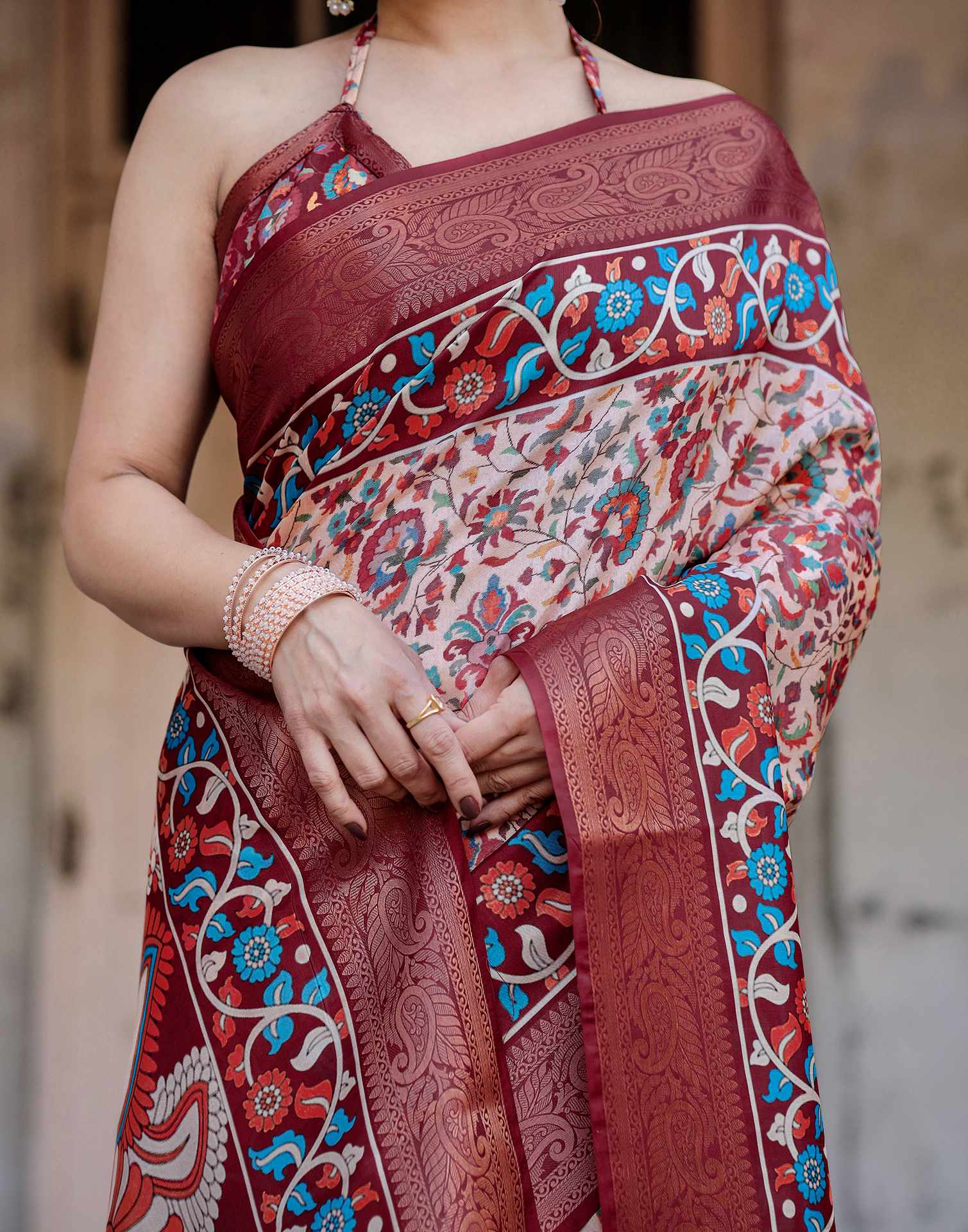 Cream Tussar Silk Printed Saree