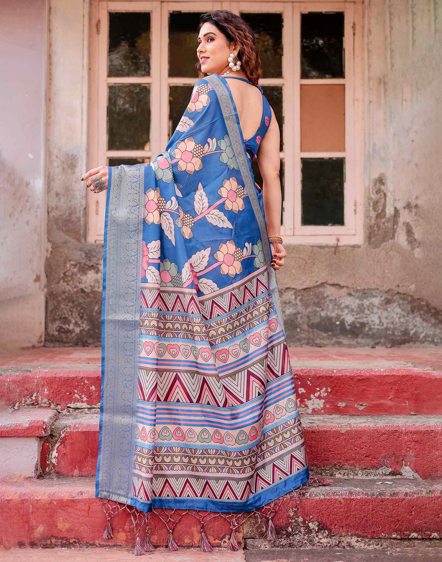 Blue Tussar Silk Printed Saree