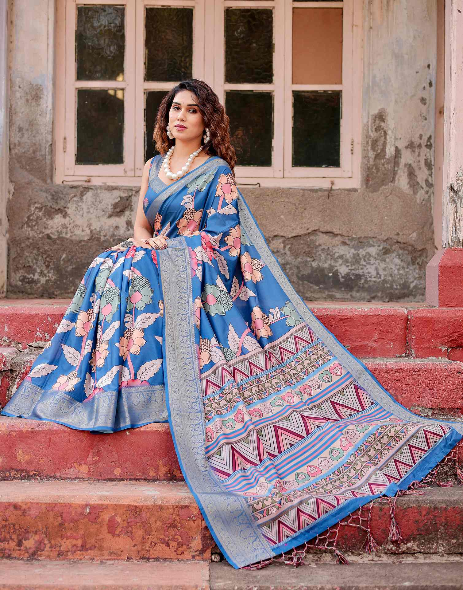 Blue Tussar Silk Printed Saree