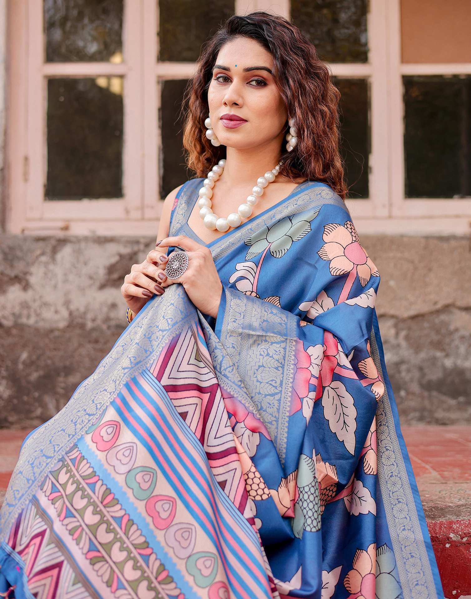 Blue Tussar Silk Printed Saree