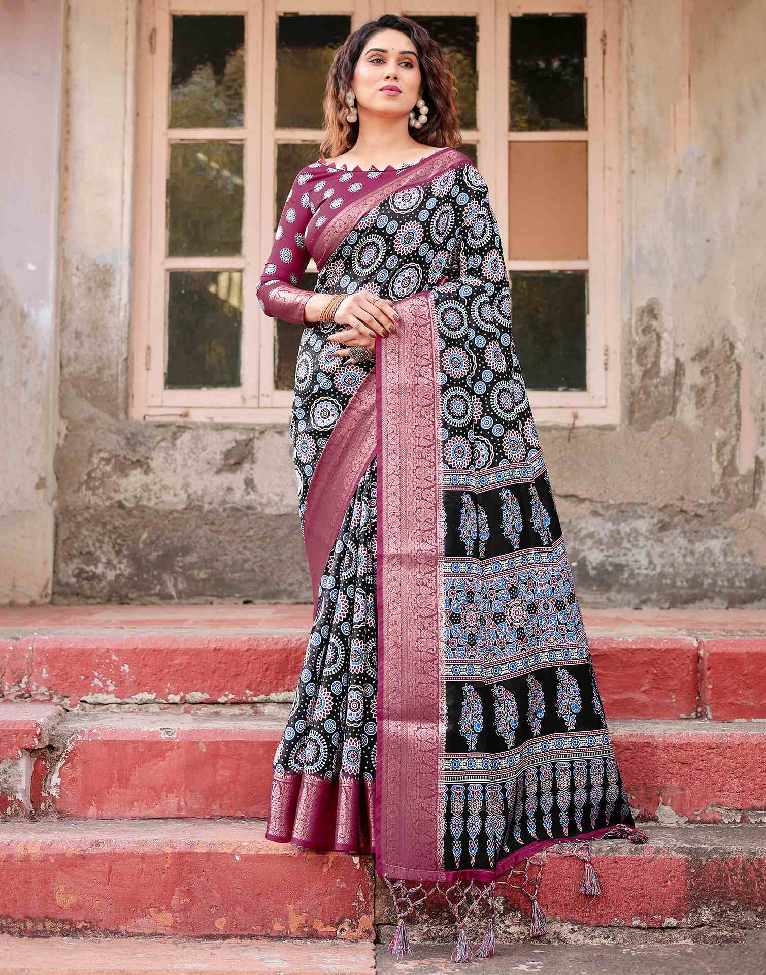 Black Tussar Silk Printed Saree