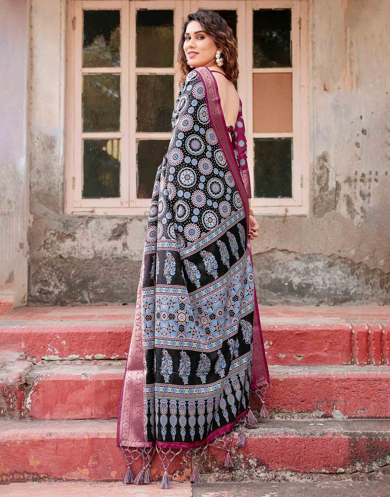 Black Tussar Silk Printed Saree