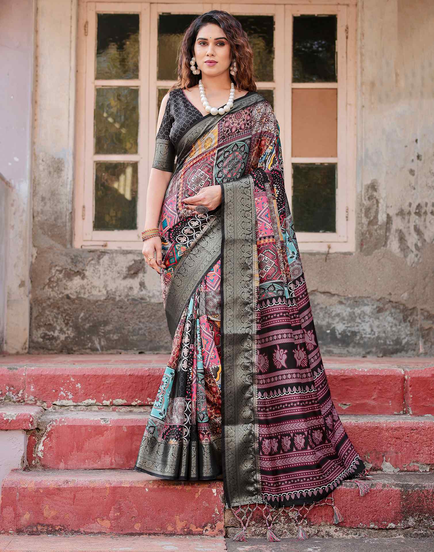 Multicoloured Tussar Silk Printed Saree