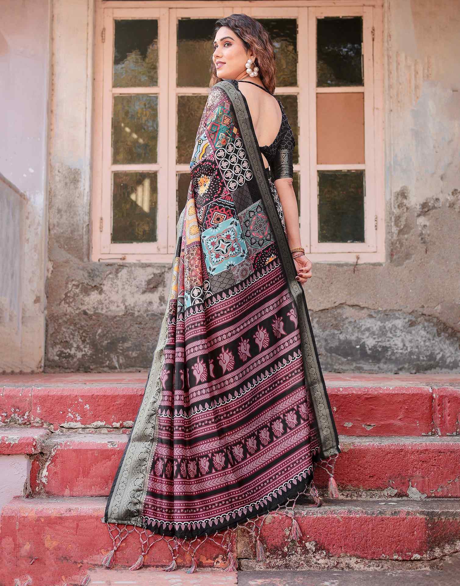 Multicoloured Tussar Silk Printed Saree