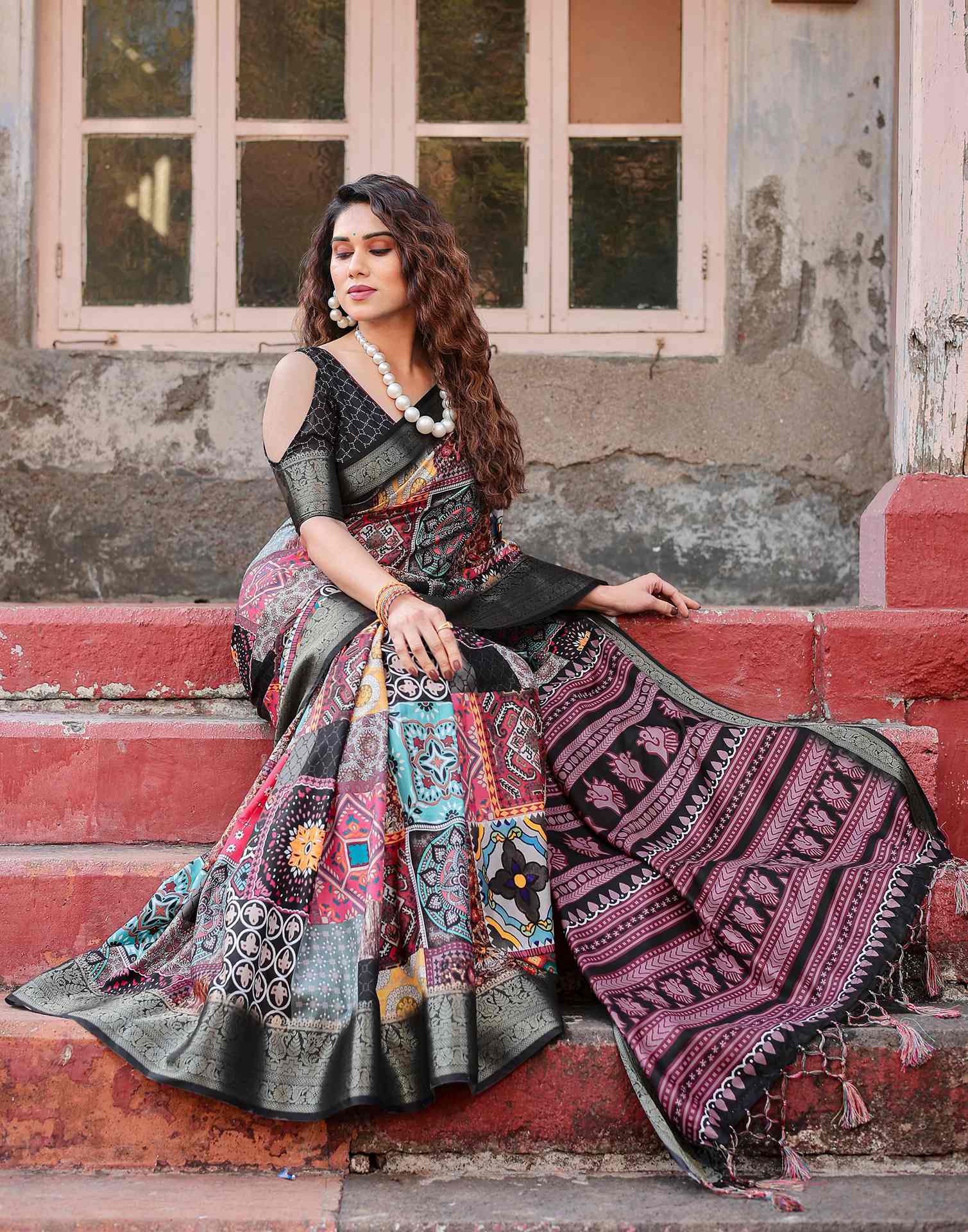 Multicoloured Tussar Silk Printed Saree
