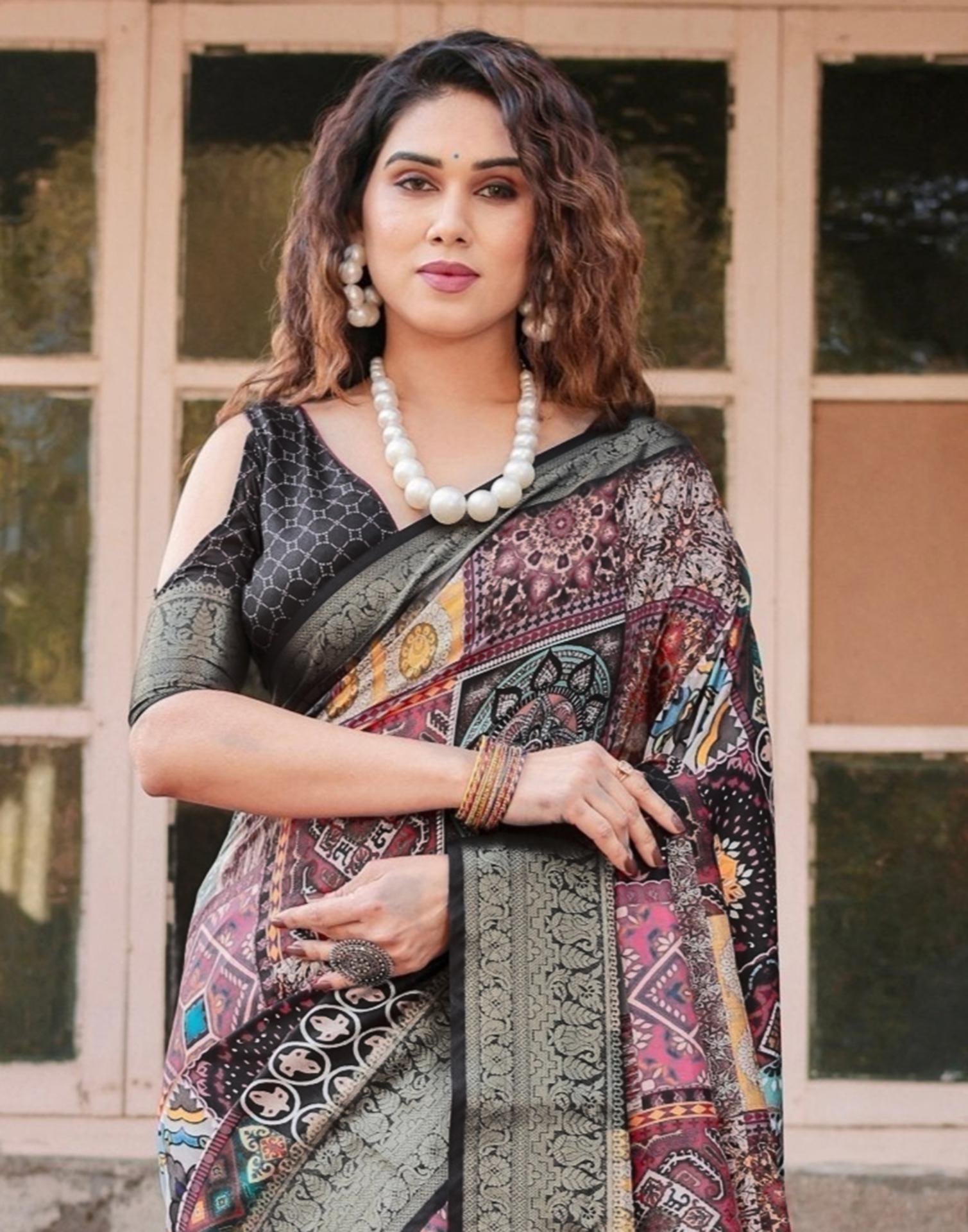 Multicoloured Tussar Silk Printed Saree