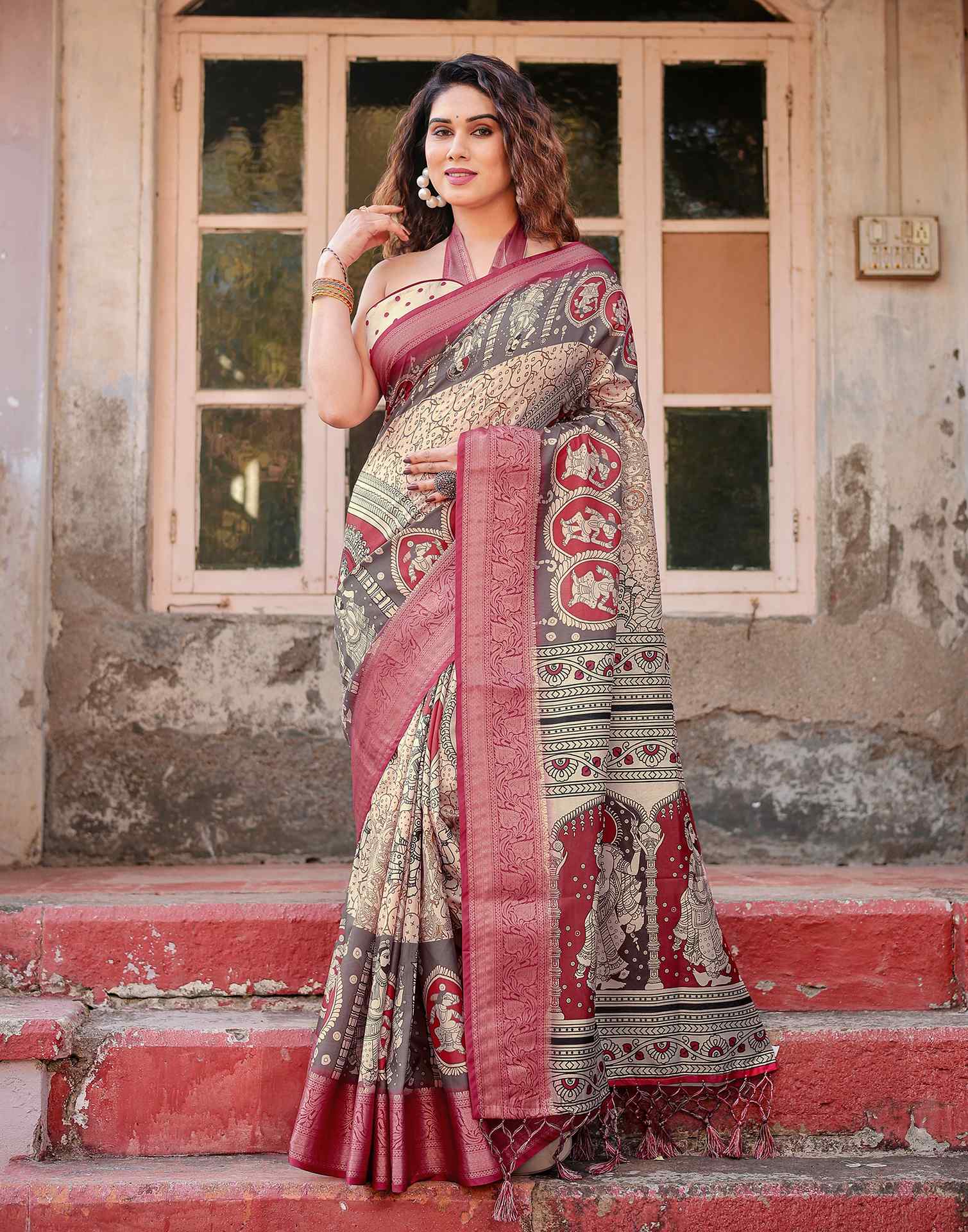 Light Beige Tussar Silk Printed Kalamkari Saree