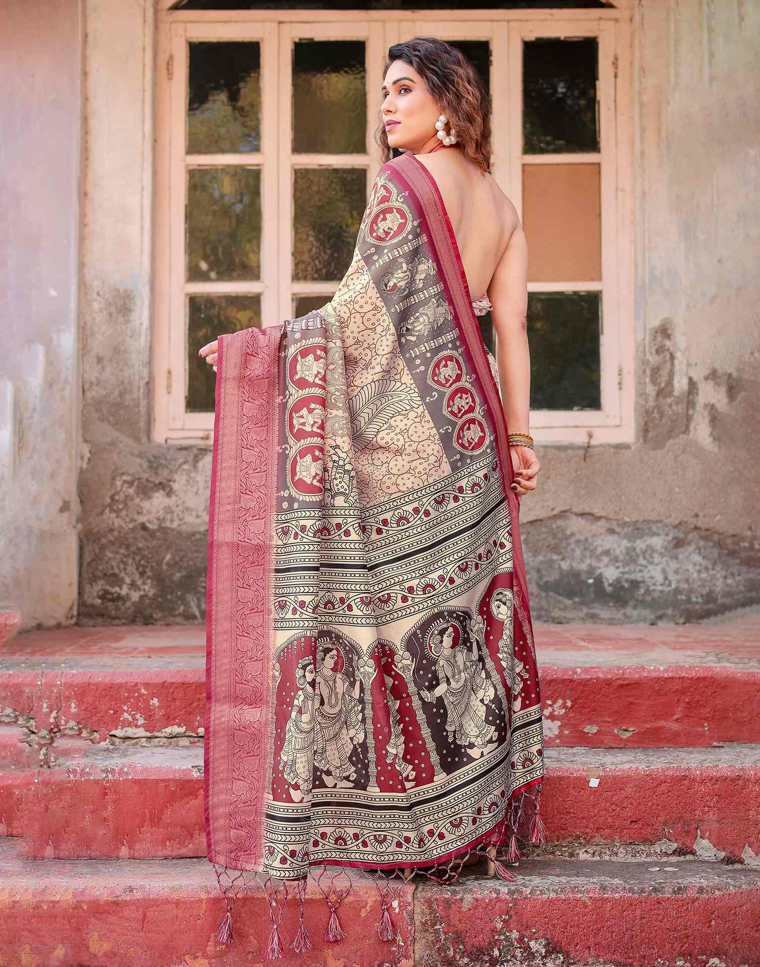Light Beige Tussar Silk Printed Kalamkari Saree