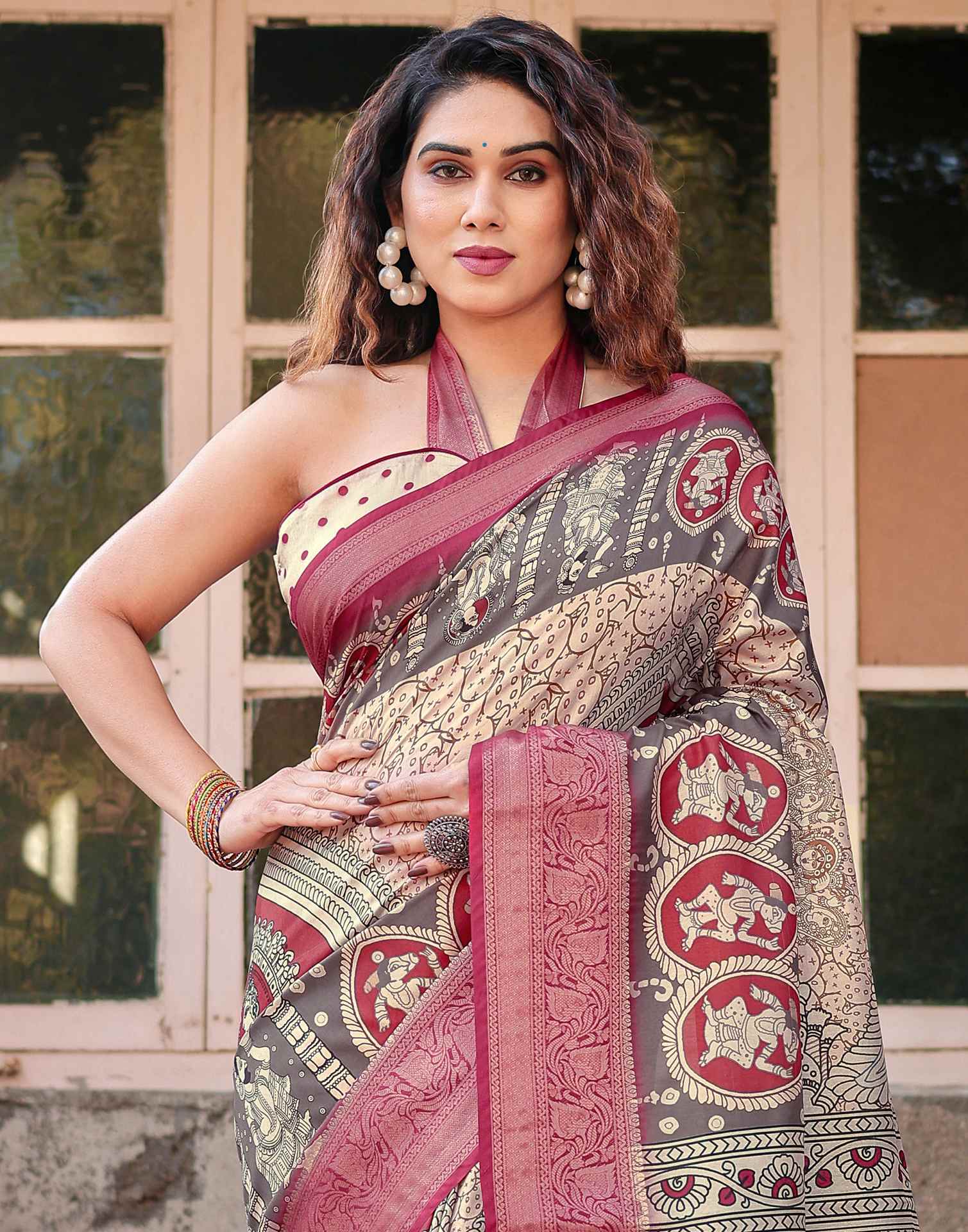 Light Beige Tussar Silk Printed Kalamkari Saree