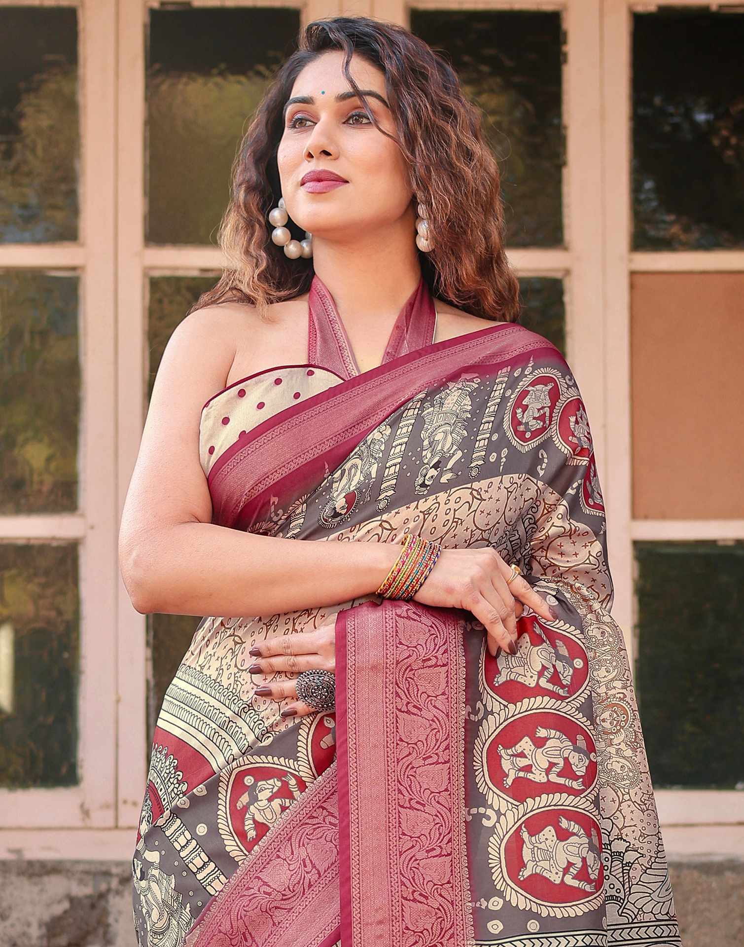 Light Beige Tussar Silk Printed Kalamkari Saree