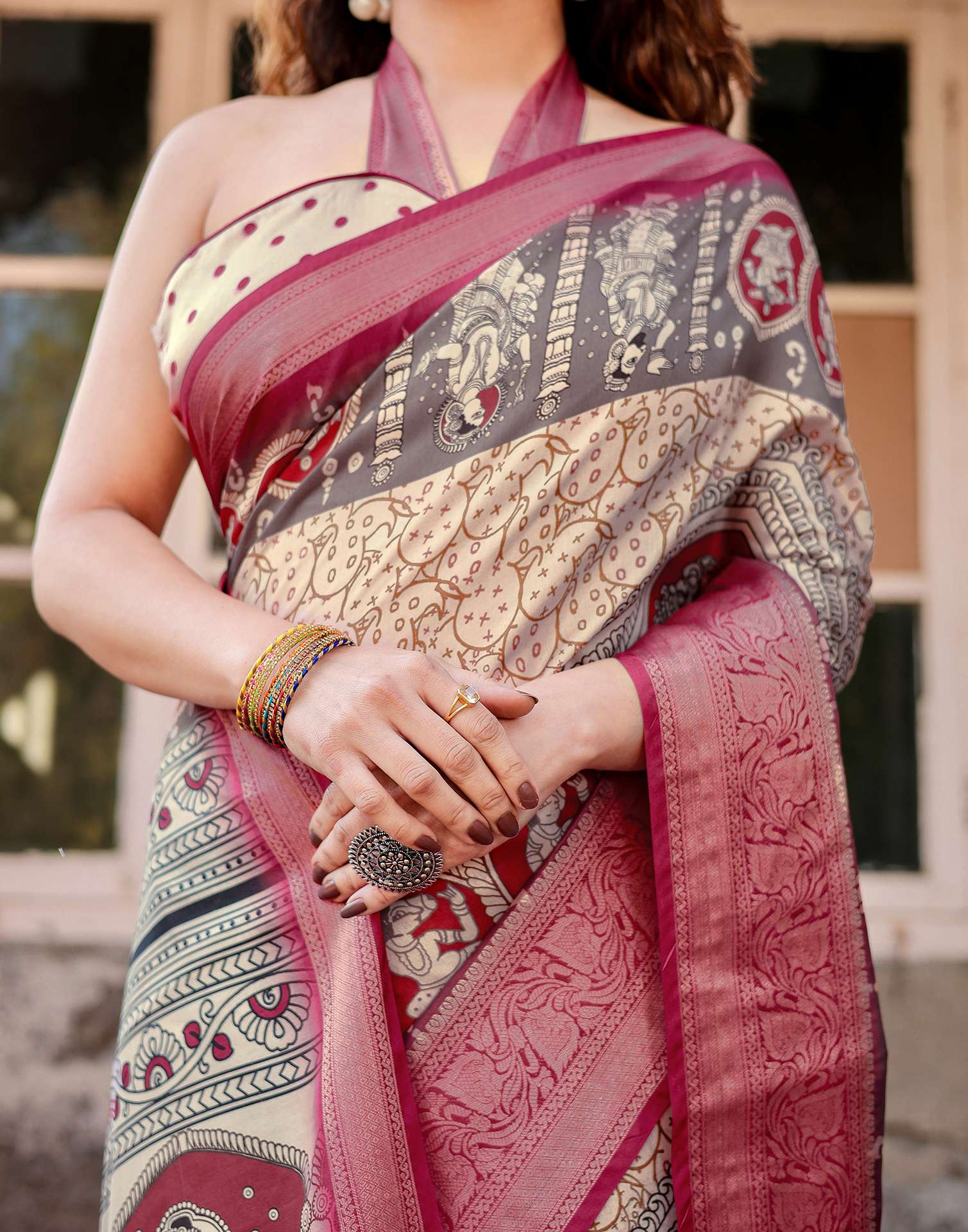 Light Beige Tussar Silk Printed Kalamkari Saree