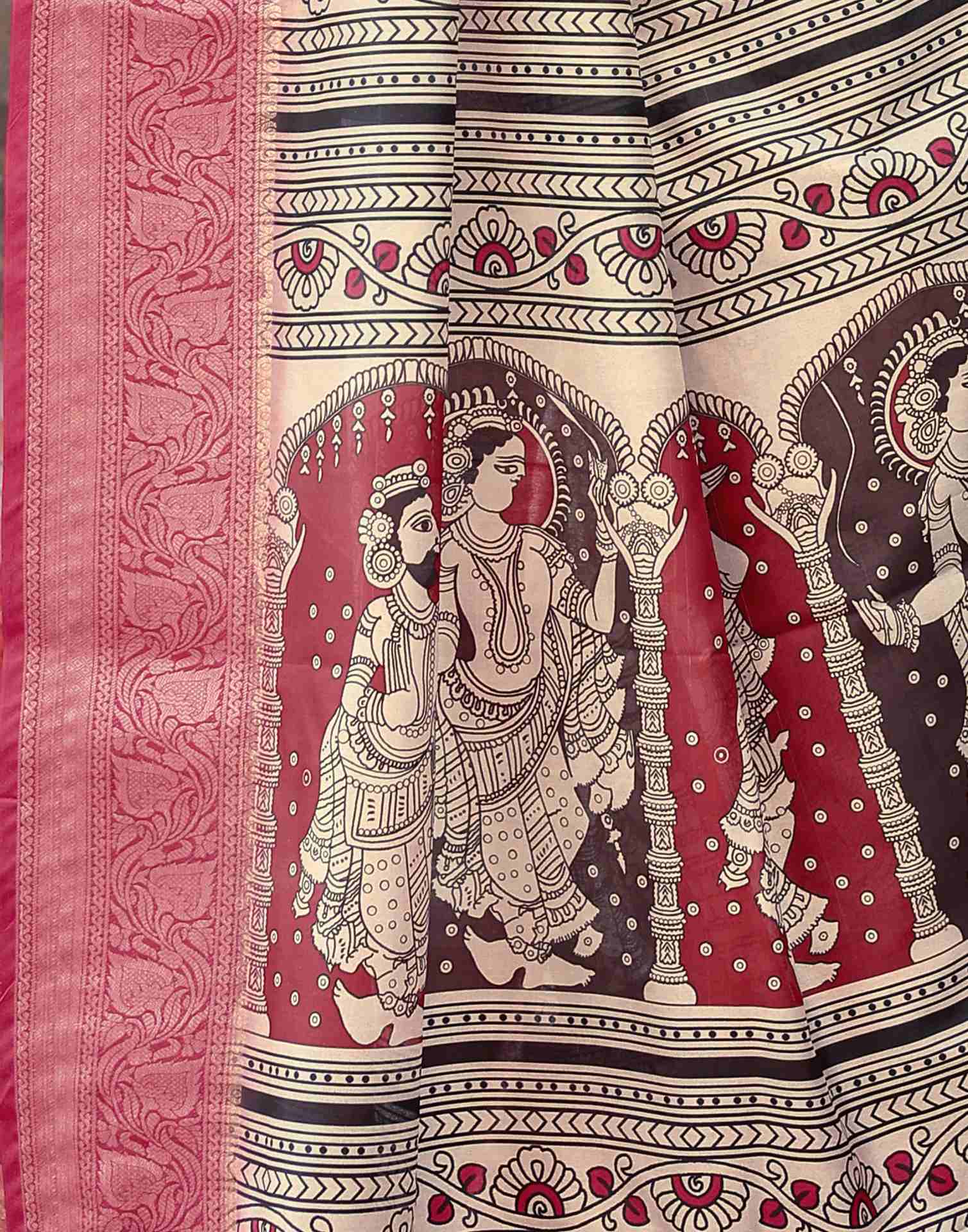 Light Beige Tussar Silk Printed Kalamkari Saree