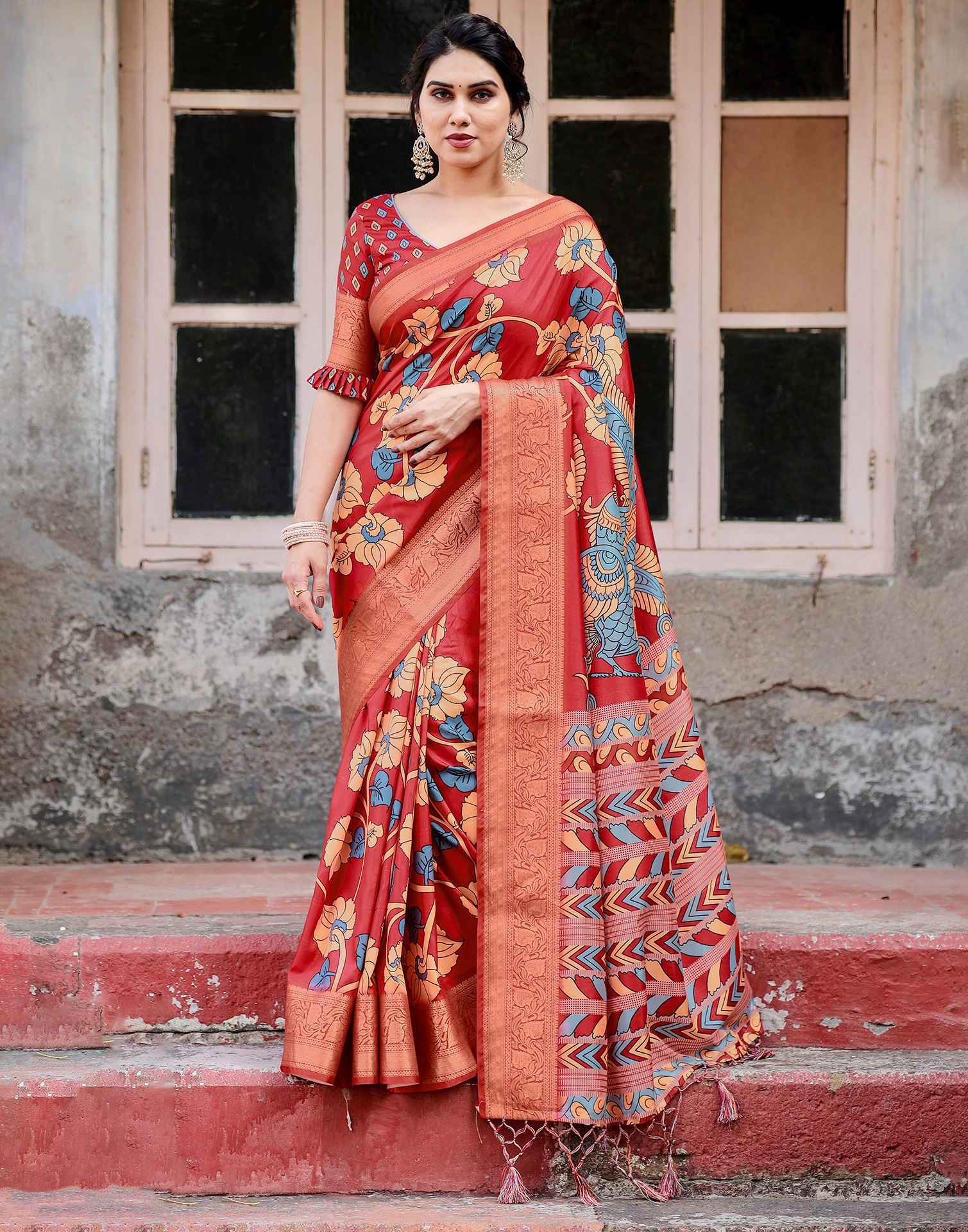 Red Tussar Silk Printed Kalamkari Saree