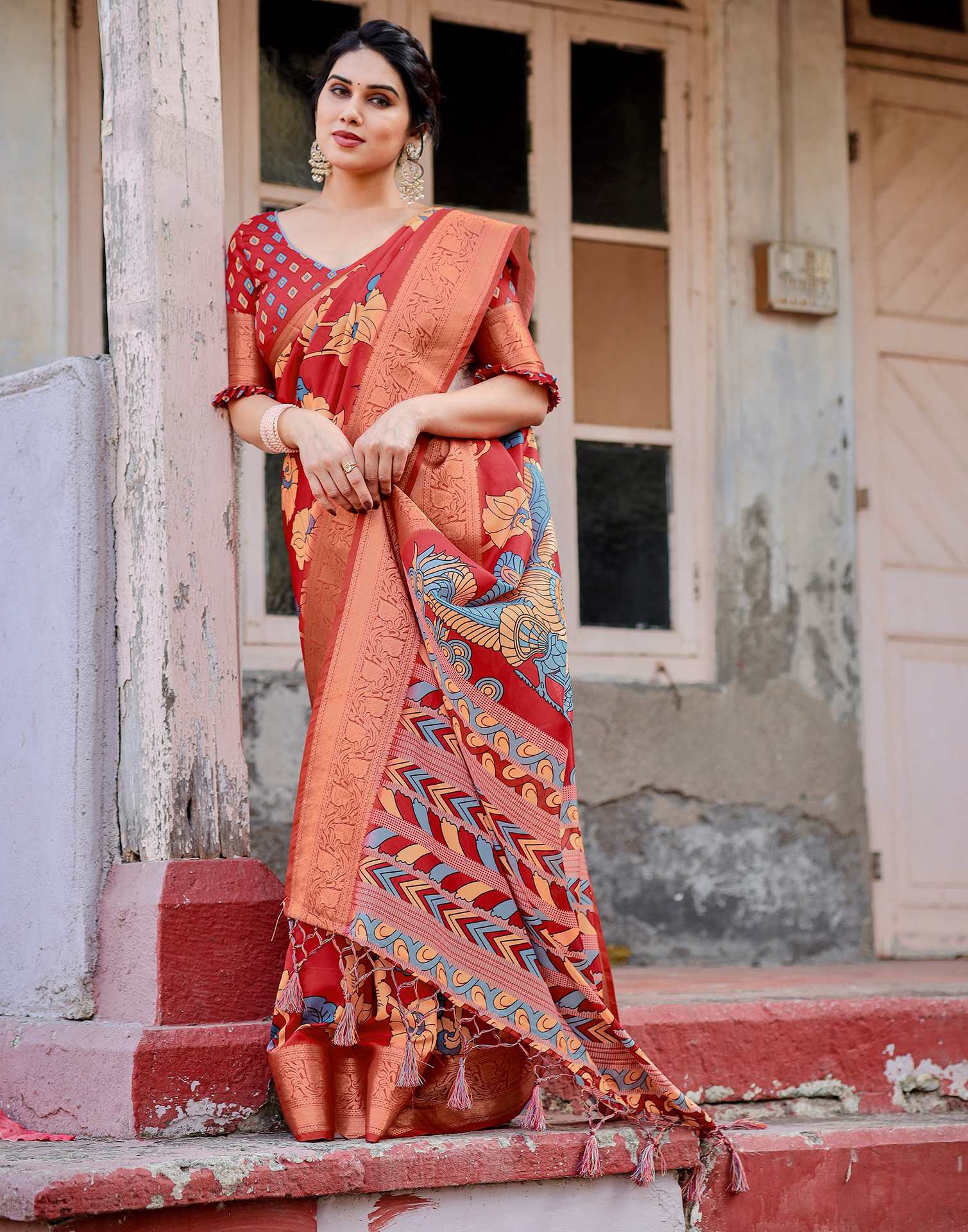 Red Tussar Silk Printed Kalamkari Saree