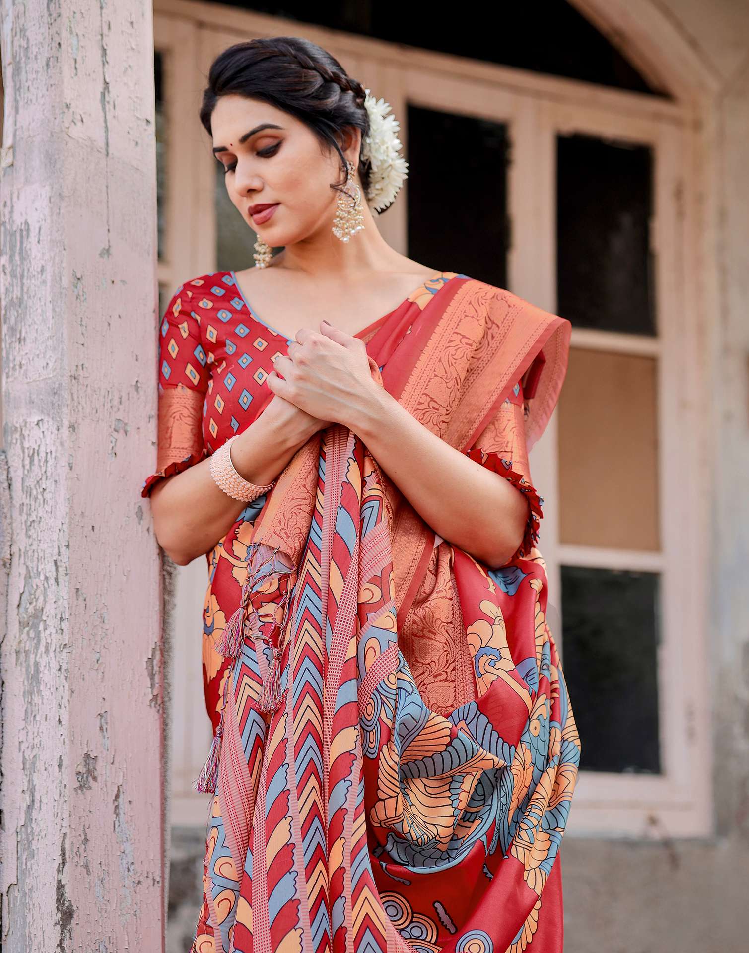 Red Tussar Silk Printed Kalamkari Saree