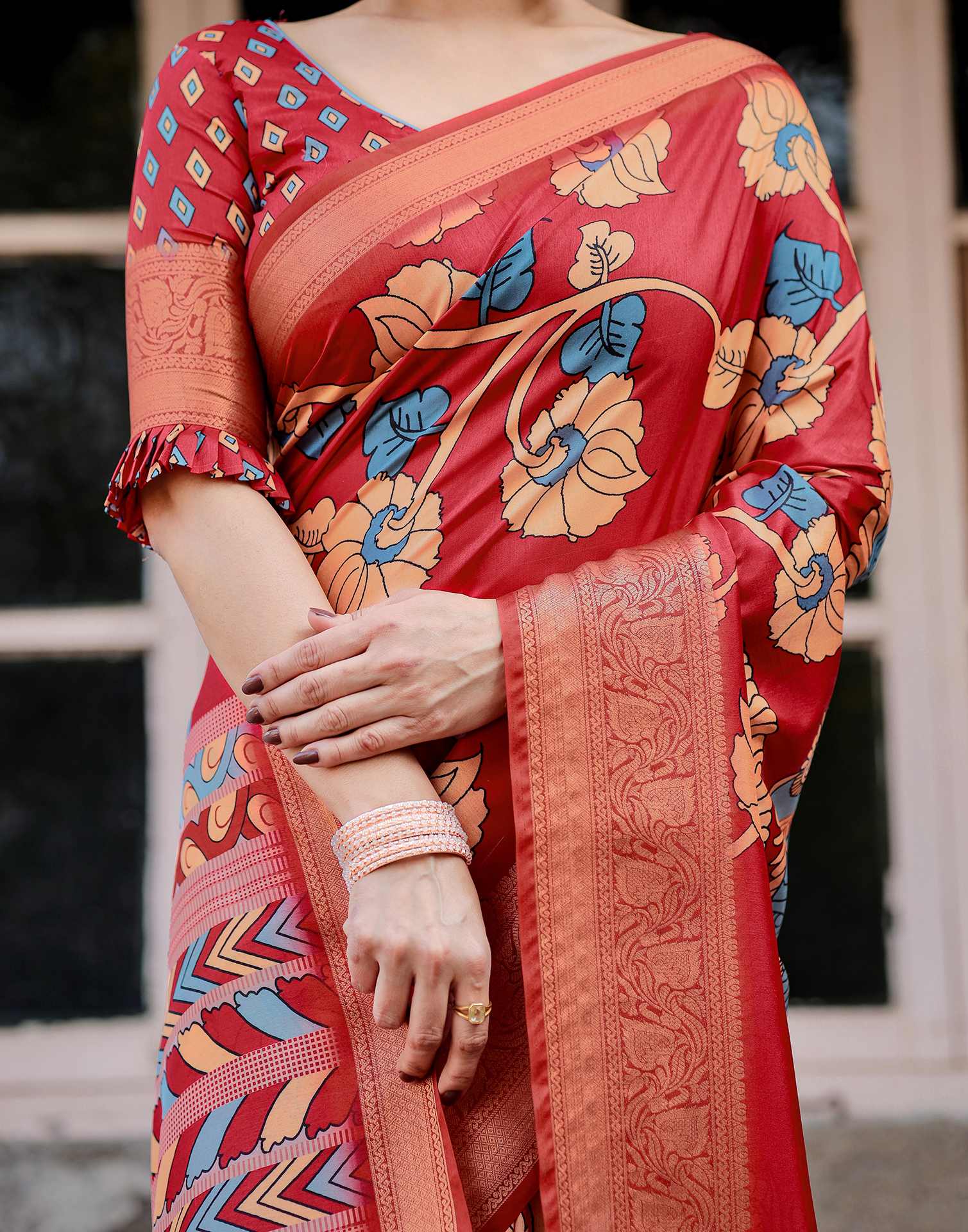 Red Tussar Silk Printed Kalamkari Saree