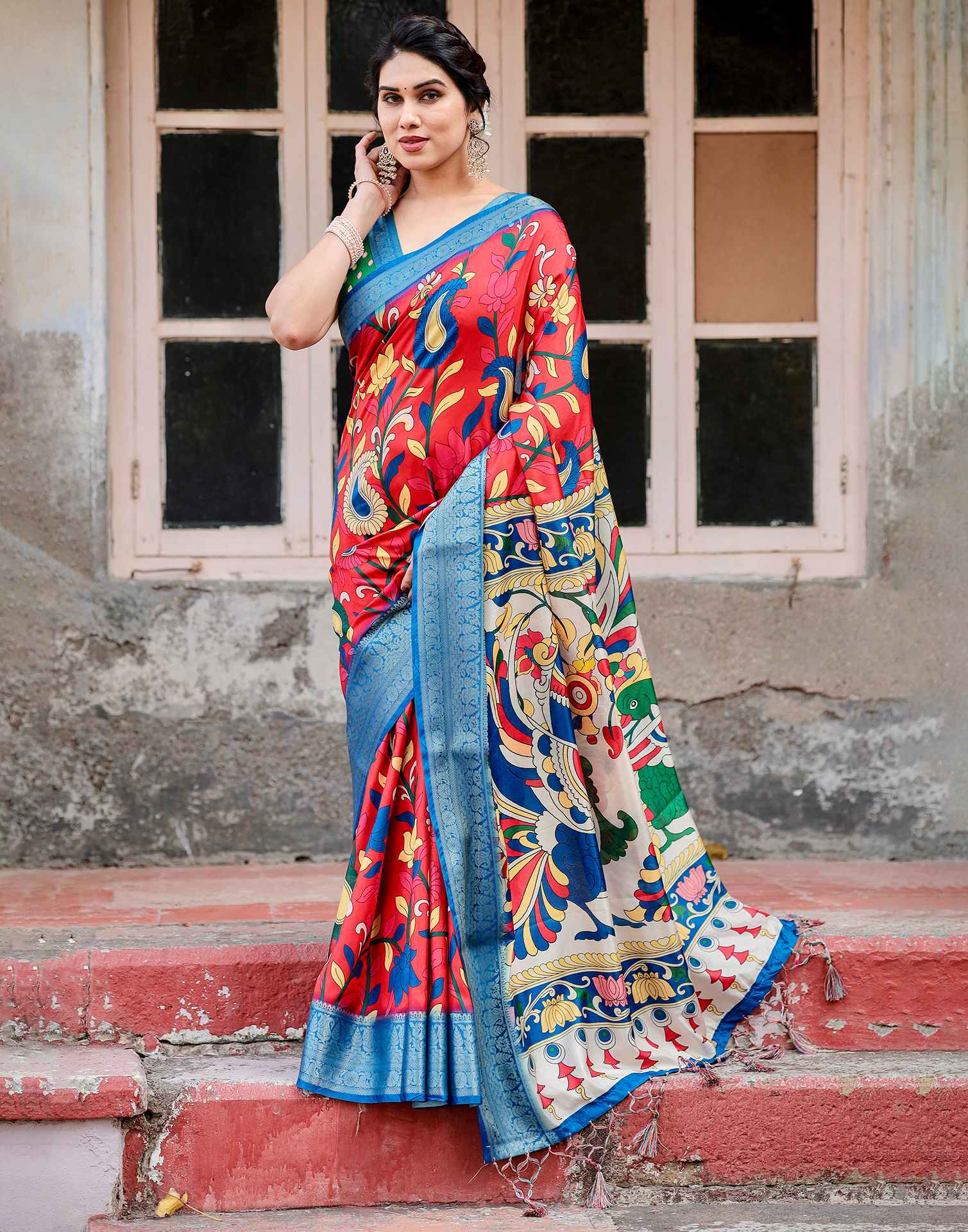 Red Tussar Silk Printed Kalamkari Saree