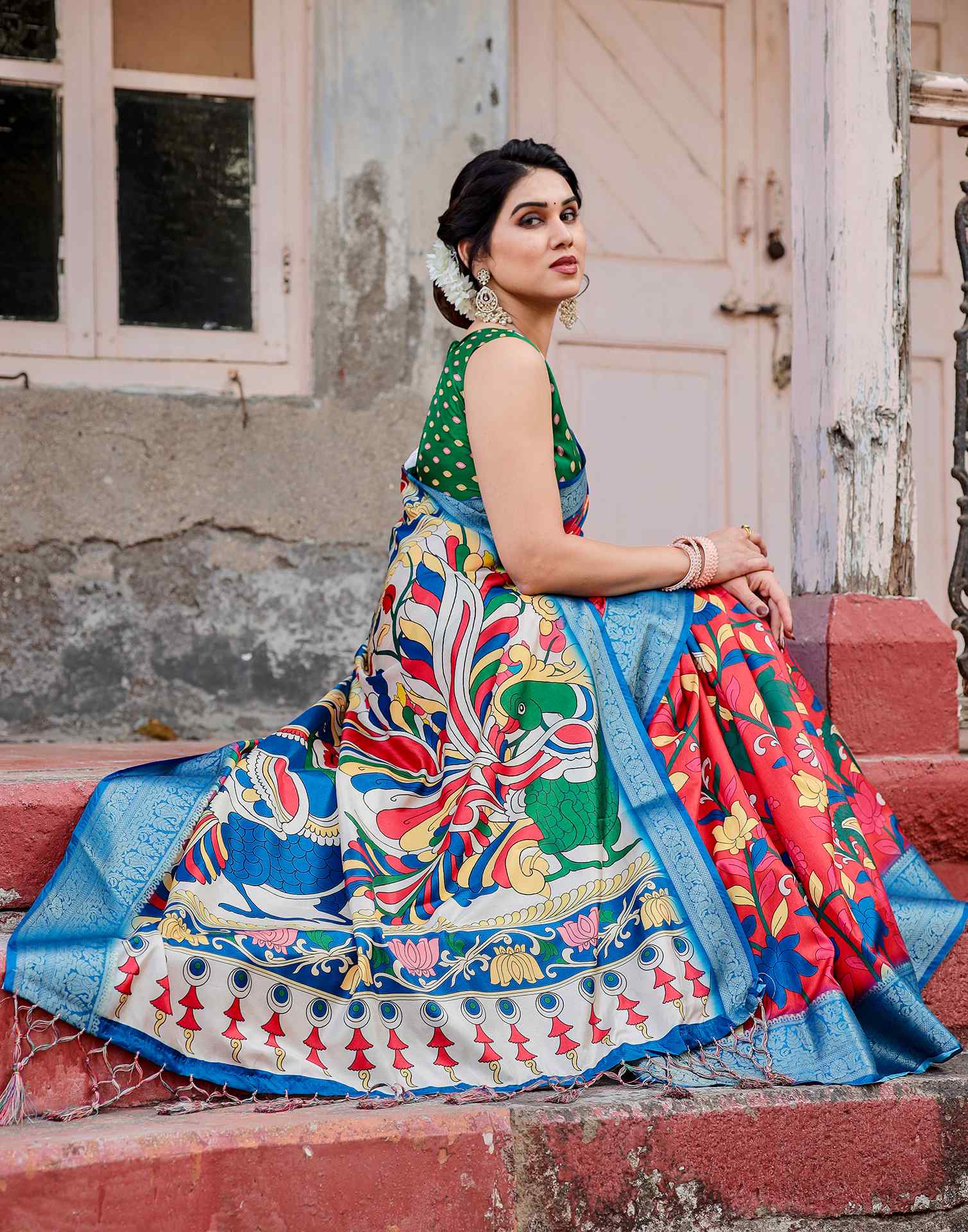 Red Tussar Silk Printed Kalamkari Saree