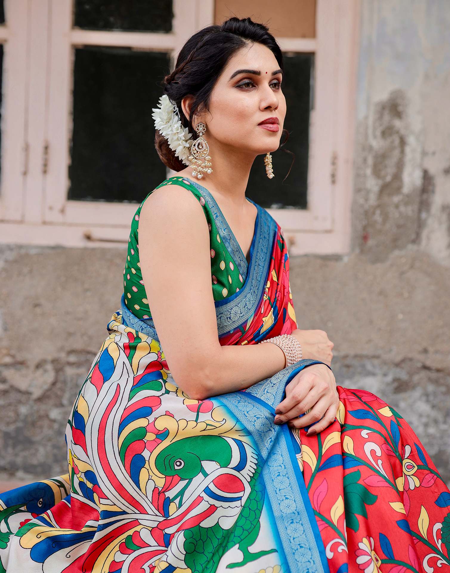 Red Tussar Silk Printed Kalamkari Saree