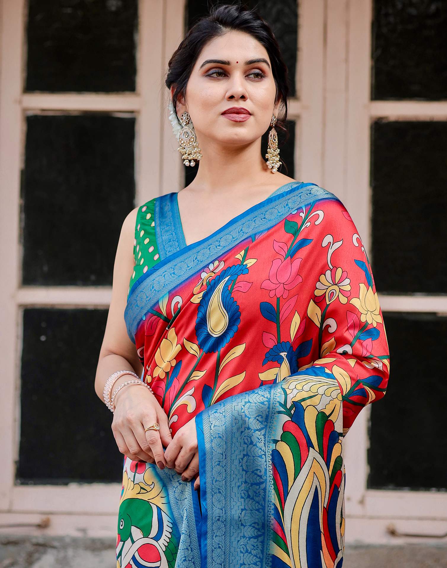 Red Tussar Silk Printed Kalamkari Saree