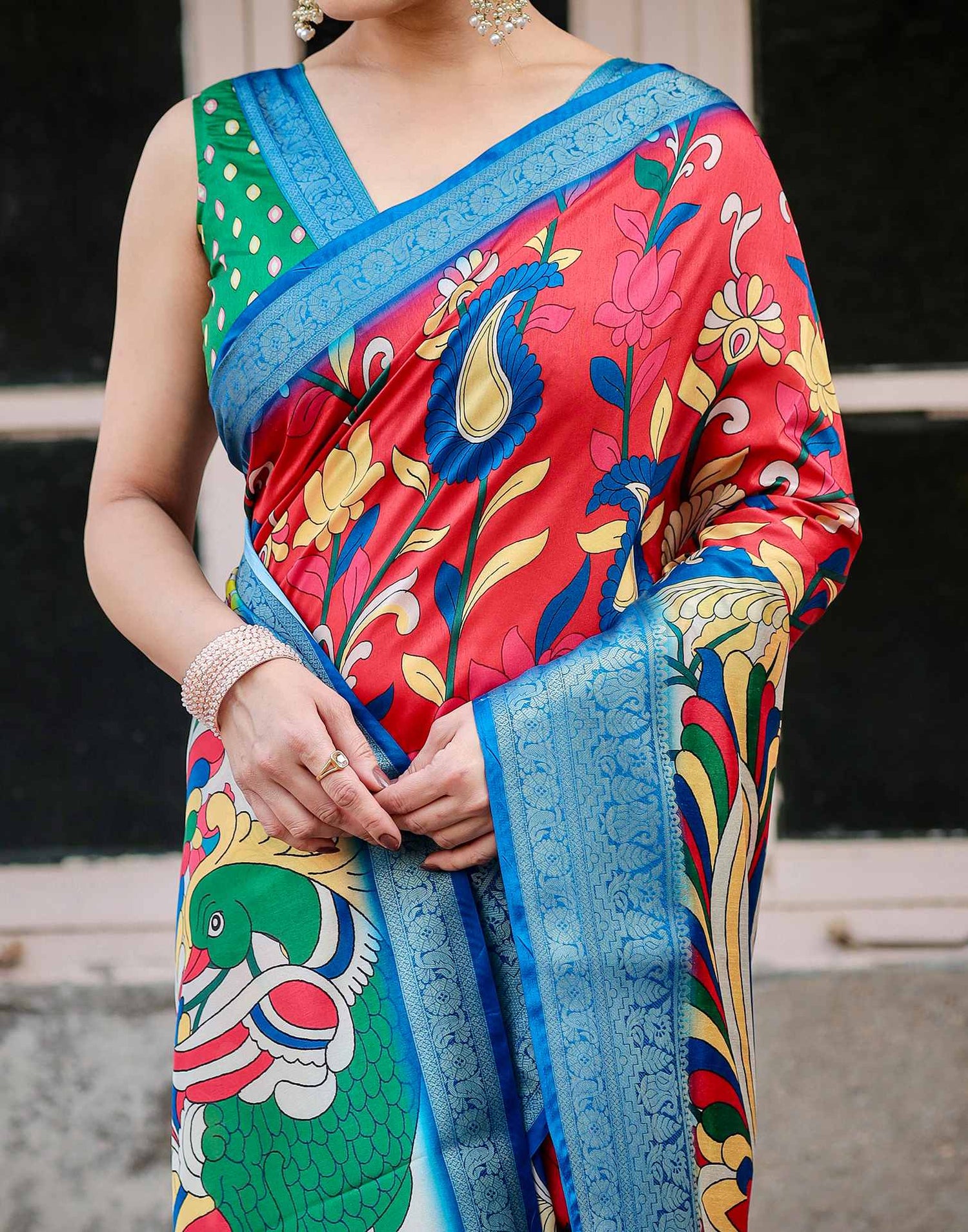 Red Tussar Silk Printed Kalamkari Saree