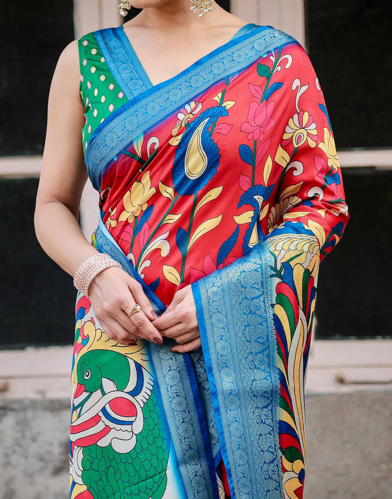 Red Tussar Silk Printed Kalamkari Saree