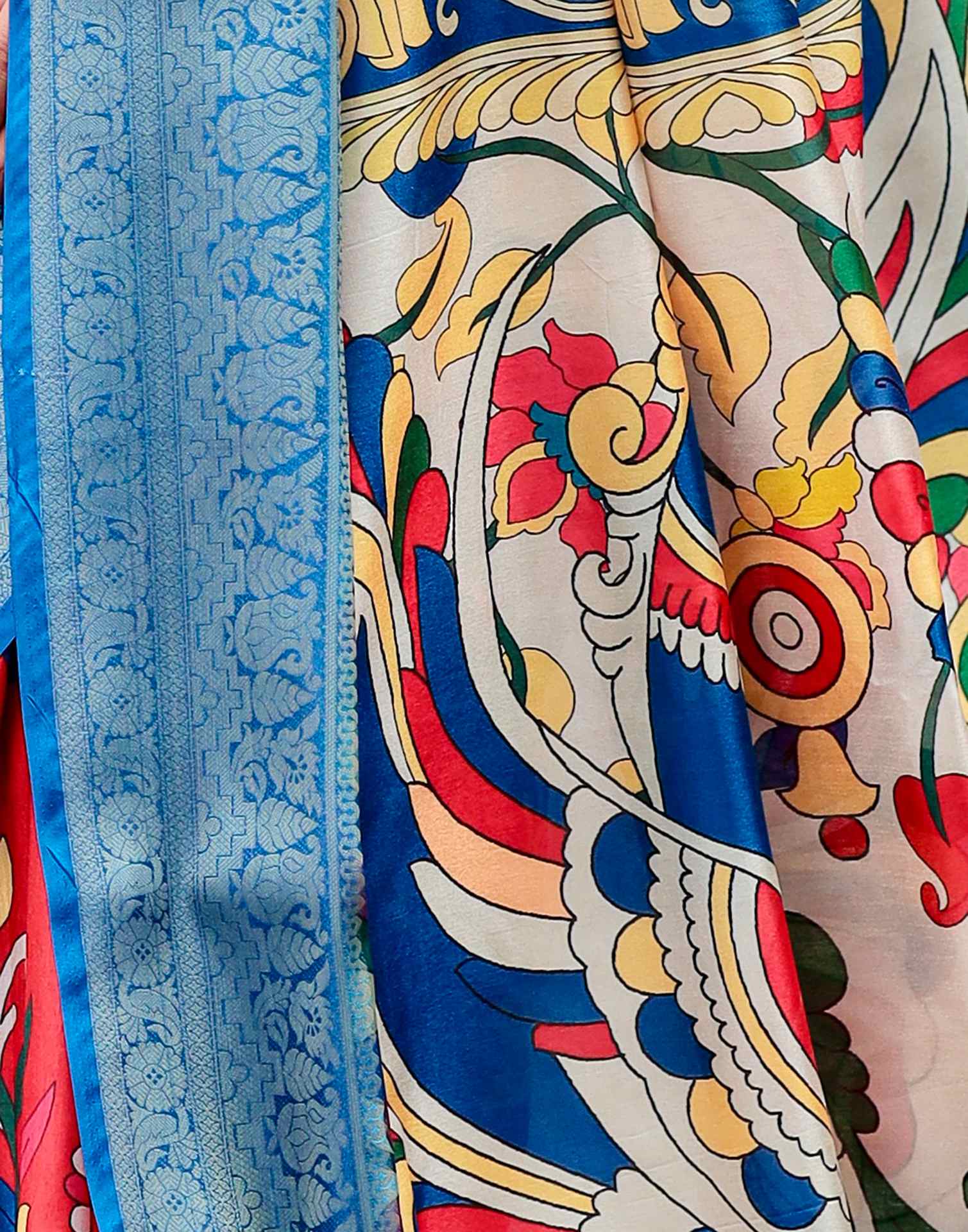 Red Tussar Silk Printed Kalamkari Saree