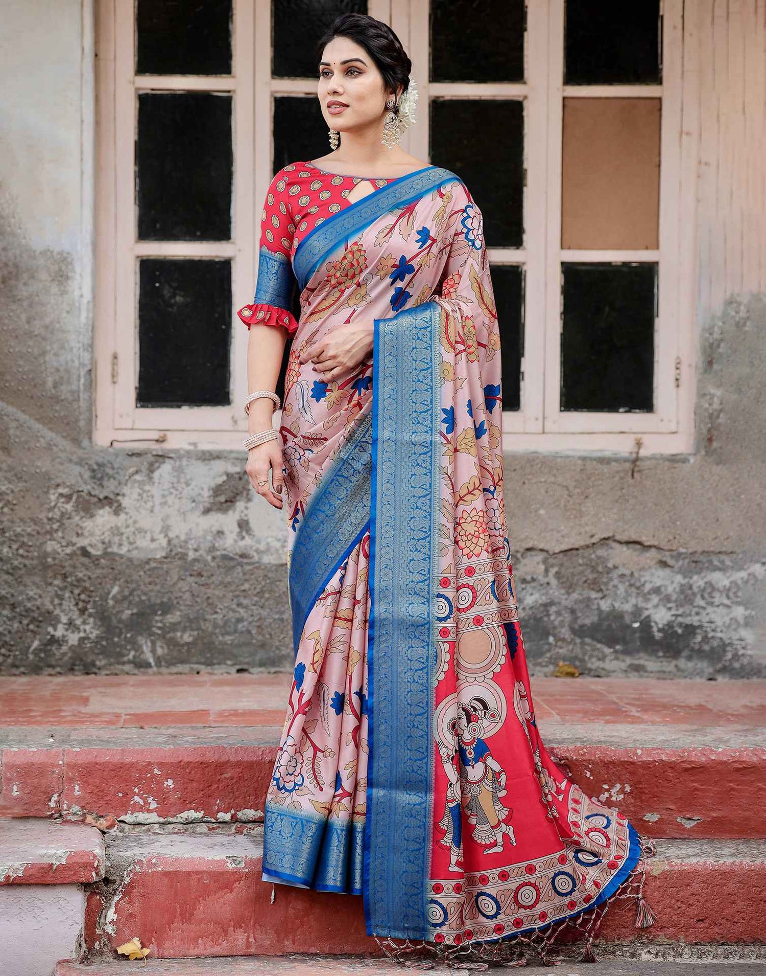 Light Beige Tussar Silk Printed Kalamkari Saree