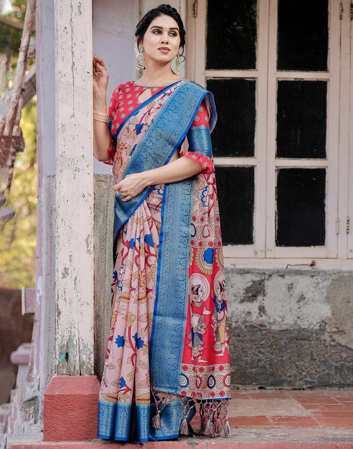 Light Beige Tussar Silk Printed Kalamkari Saree