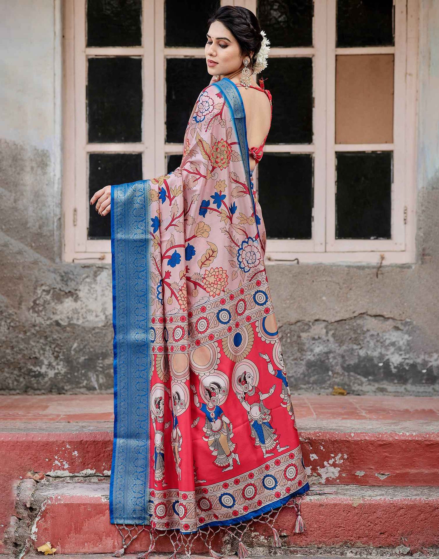 Light Beige Tussar Silk Printed Kalamkari Saree