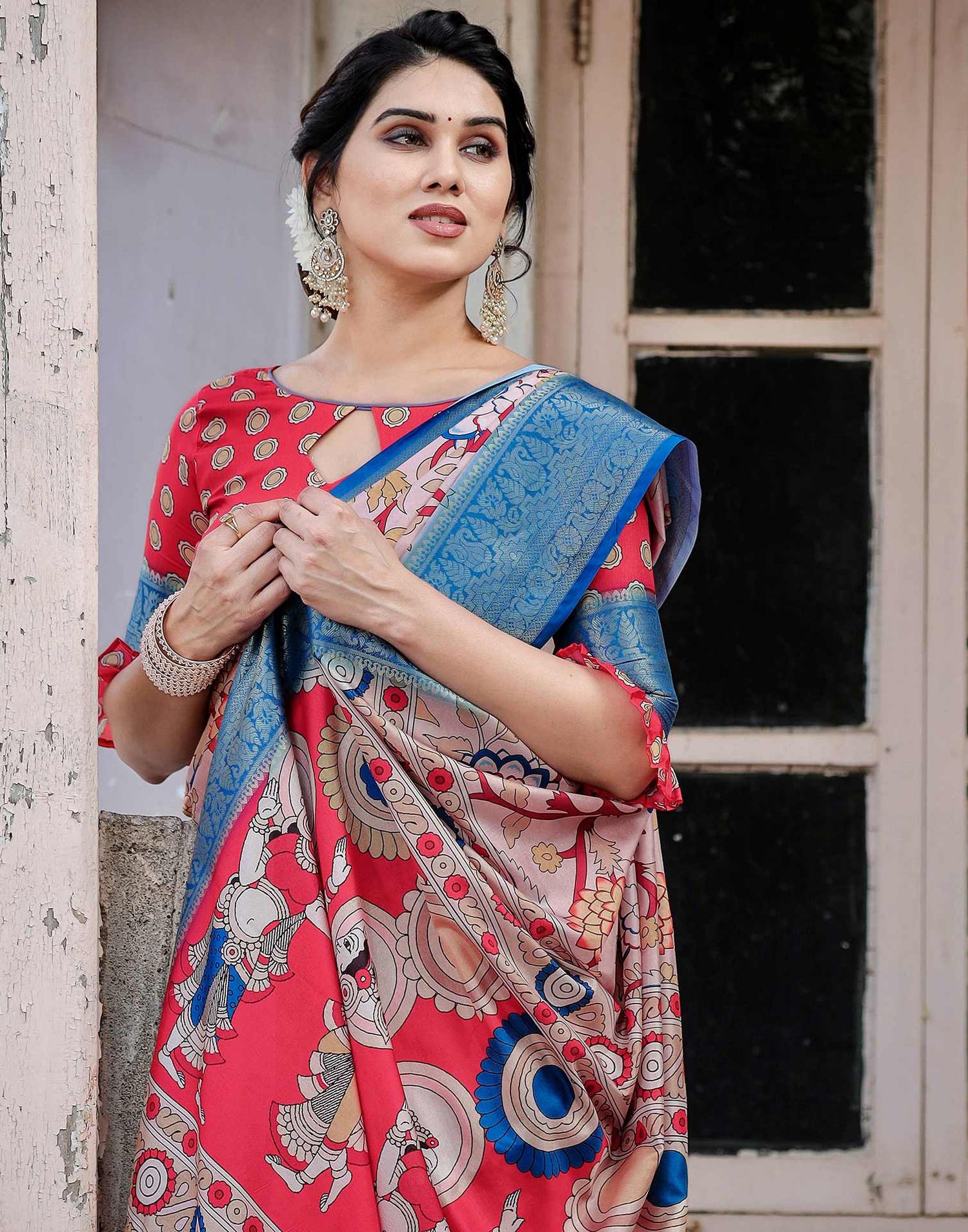 Light Beige Tussar Silk Printed Kalamkari Saree