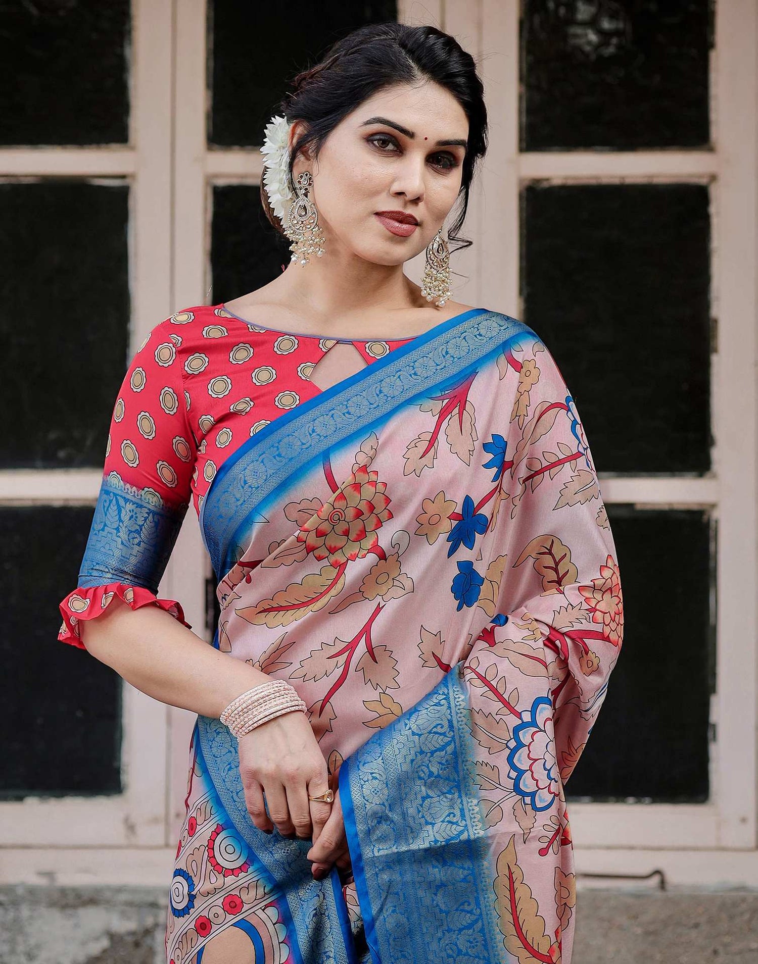 Light Beige Tussar Silk Printed Kalamkari Saree