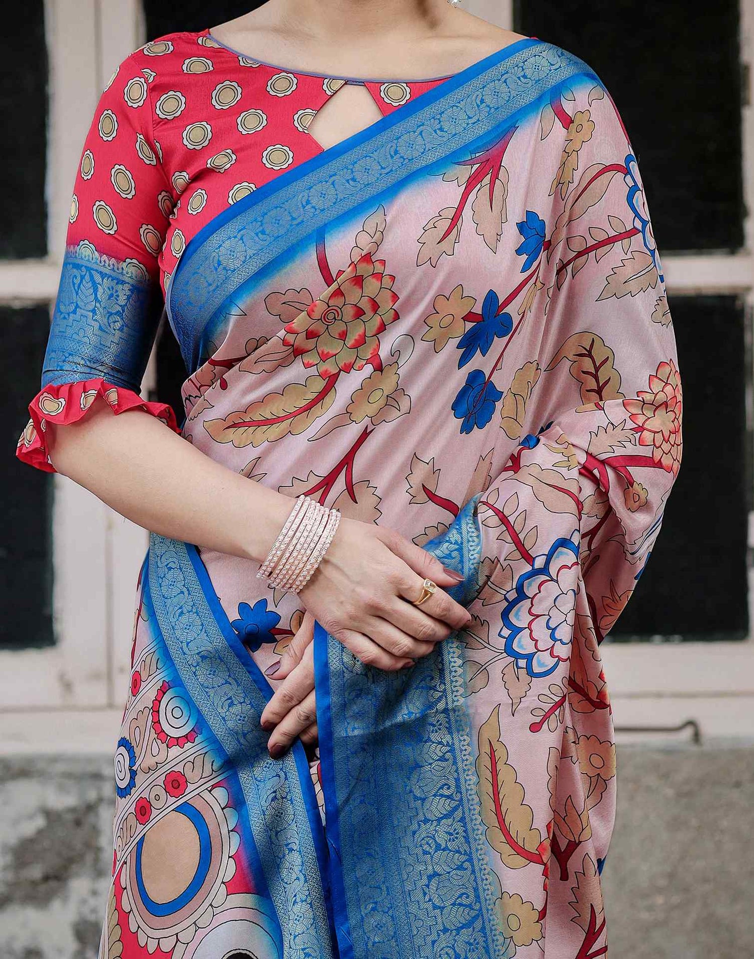Light Beige Tussar Silk Printed Kalamkari Saree
