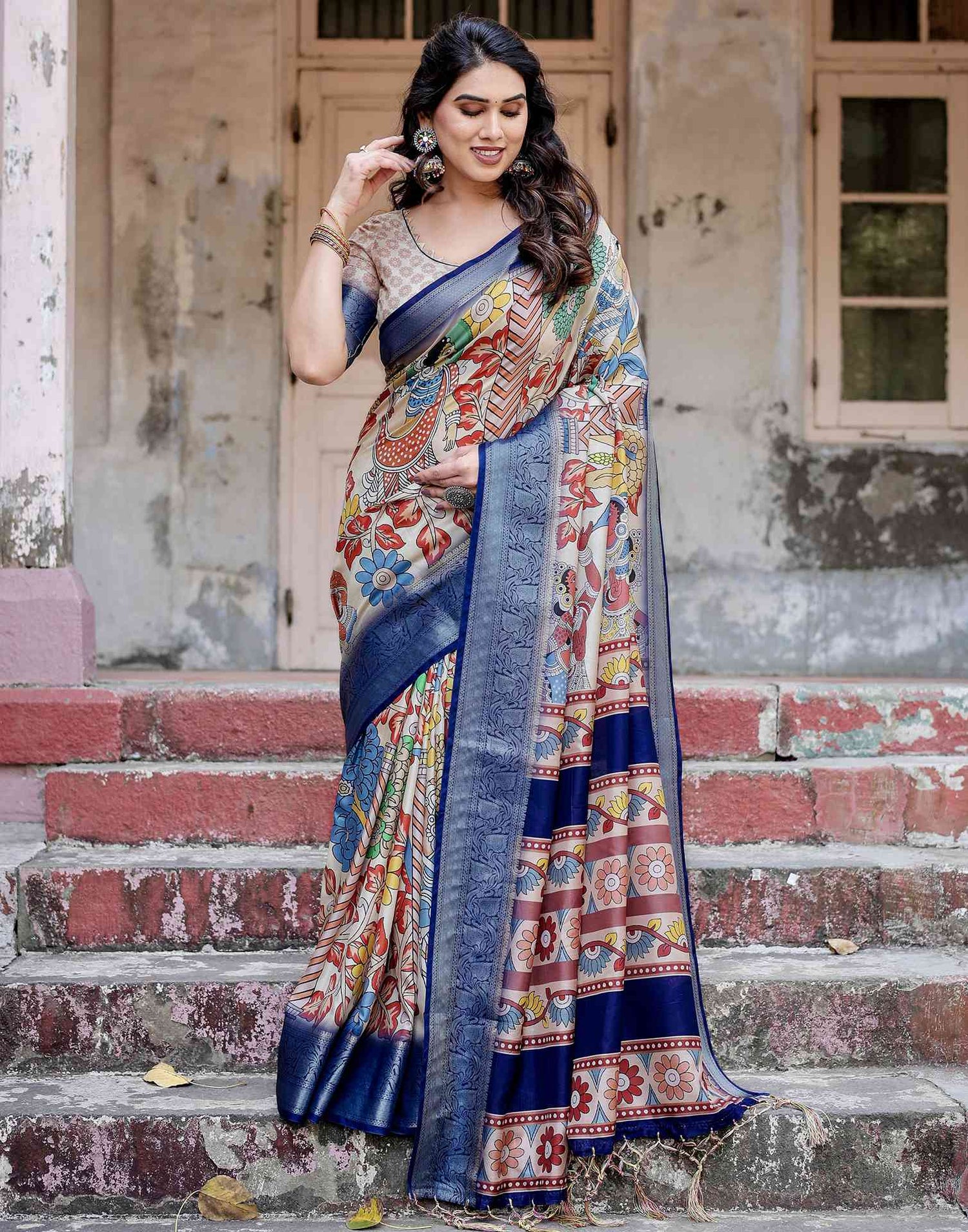 Off White Tussar Silk Printed Kalamkari Saree