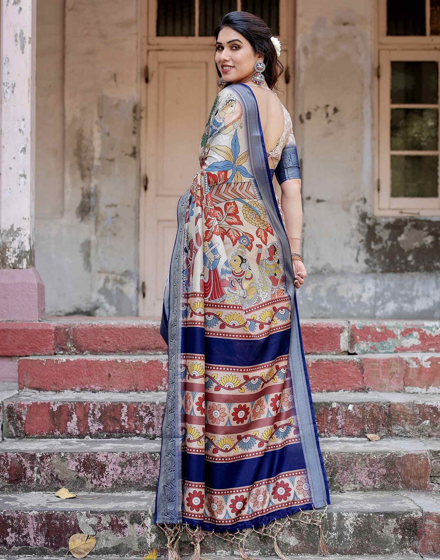 Off White Tussar Silk Printed Kalamkari Saree