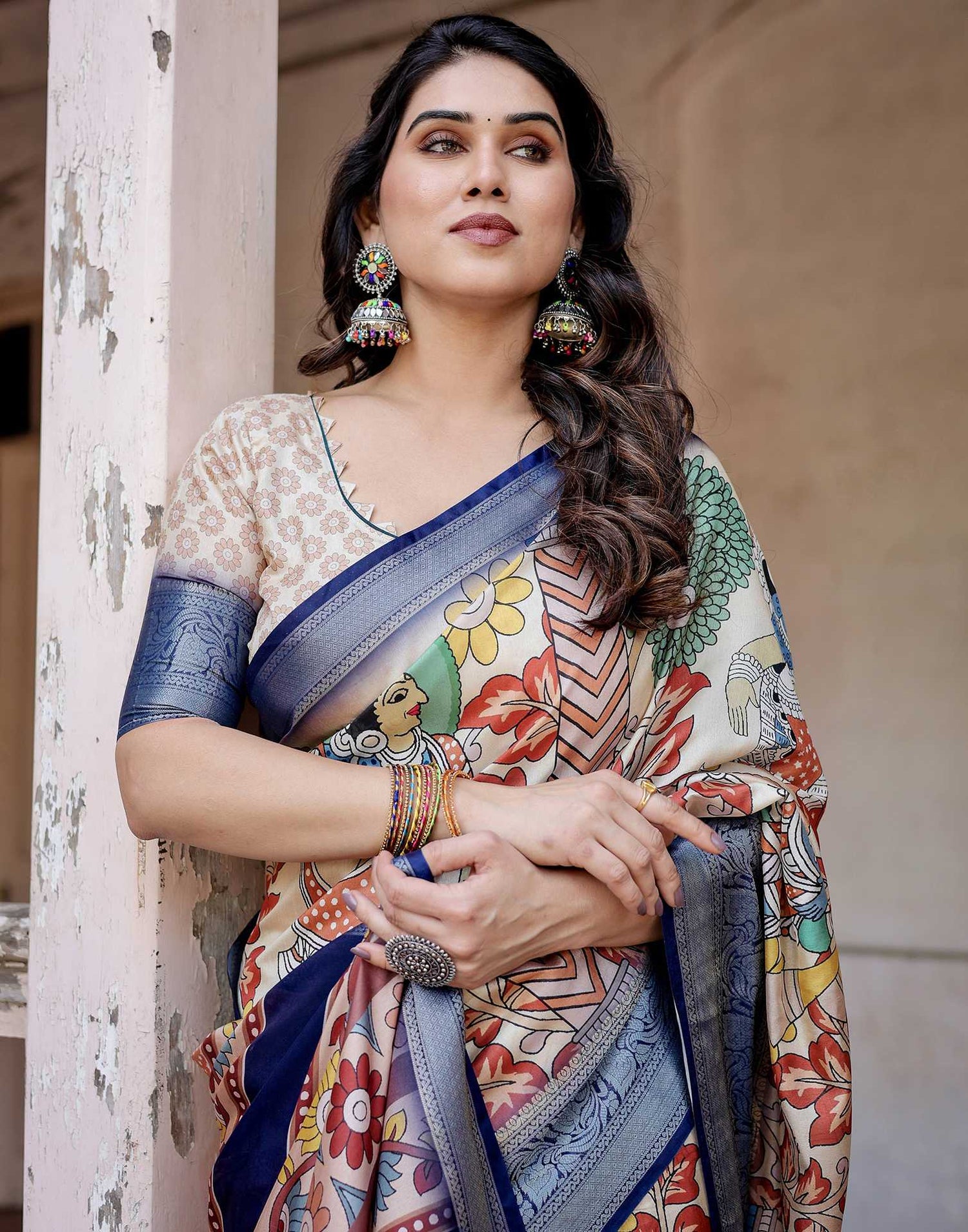 Off White Tussar Silk Printed Kalamkari Saree