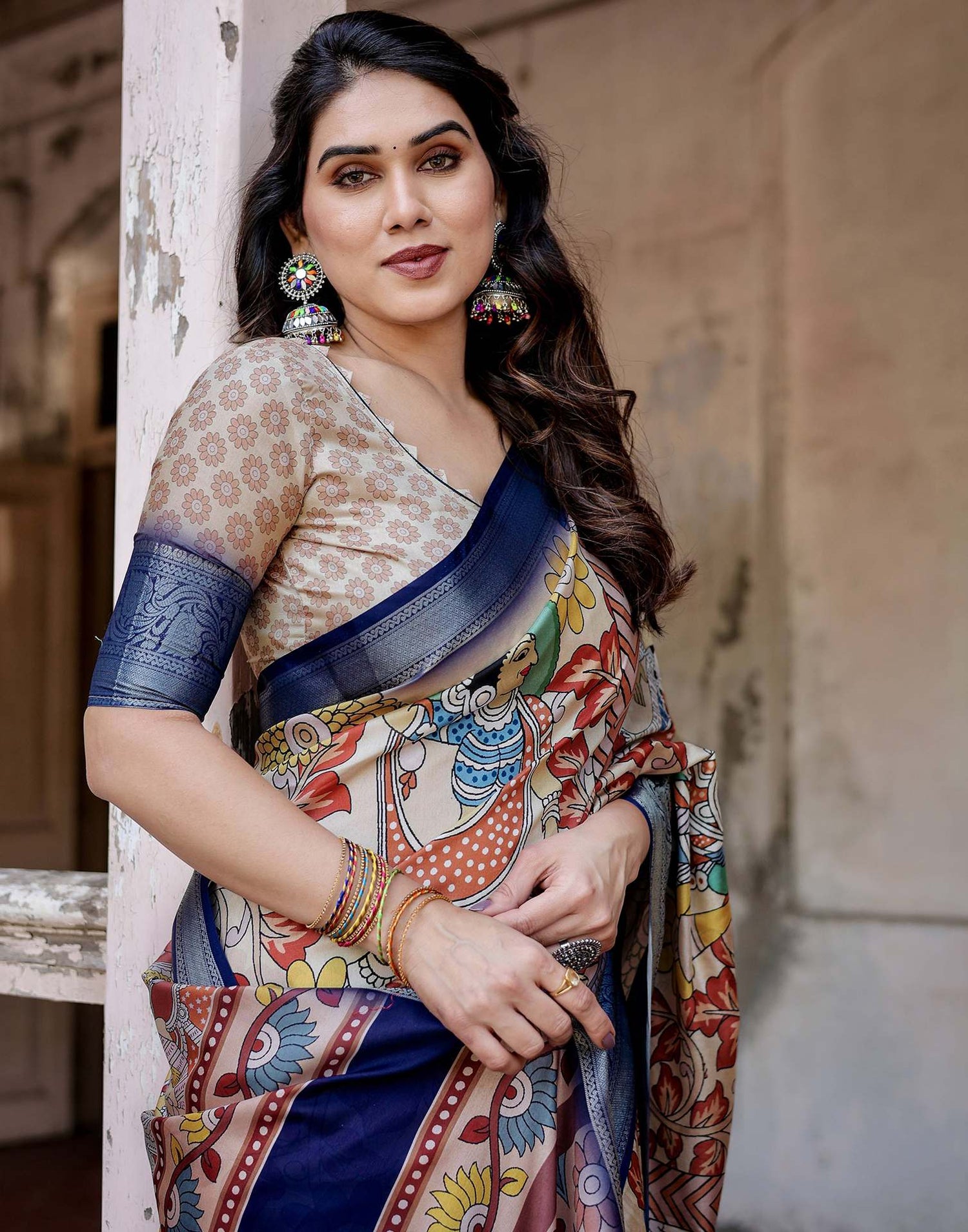 Off White Tussar Silk Printed Kalamkari Saree