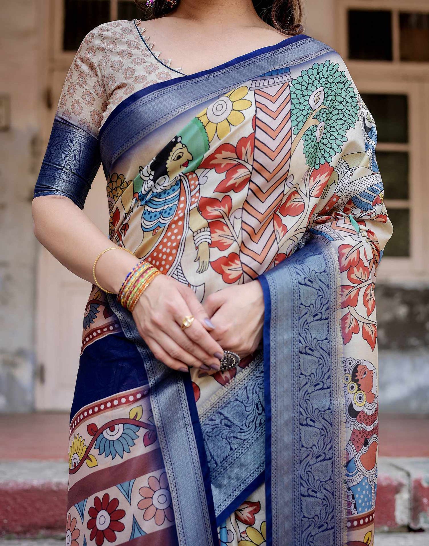 Off White Tussar Silk Printed Kalamkari Saree