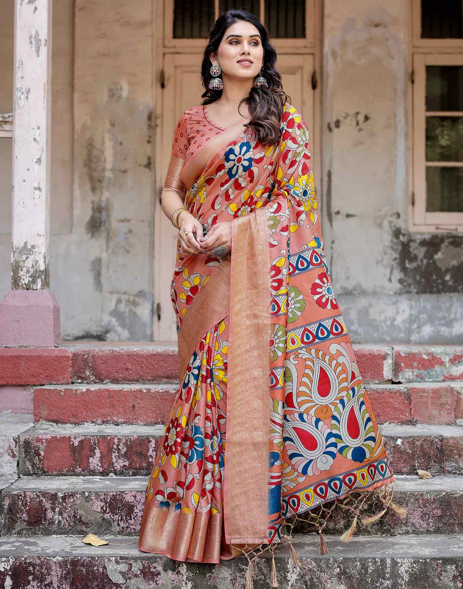 Light Peach Tussar Silk Printed Kalamkari Saree