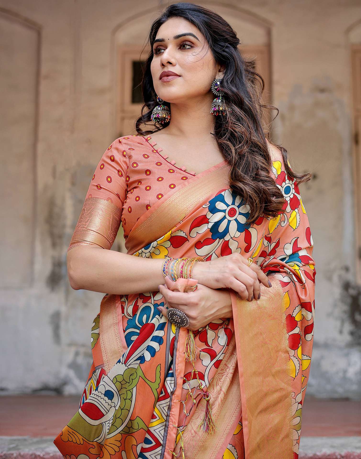 Light Peach Tussar Silk Printed Kalamkari Saree