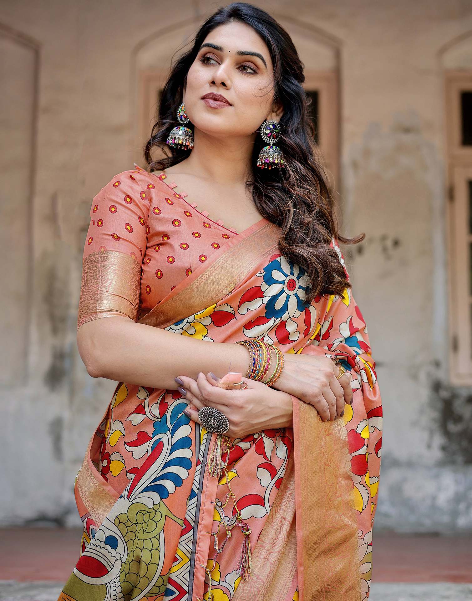 Light Peach Tussar Silk Printed Kalamkari Saree