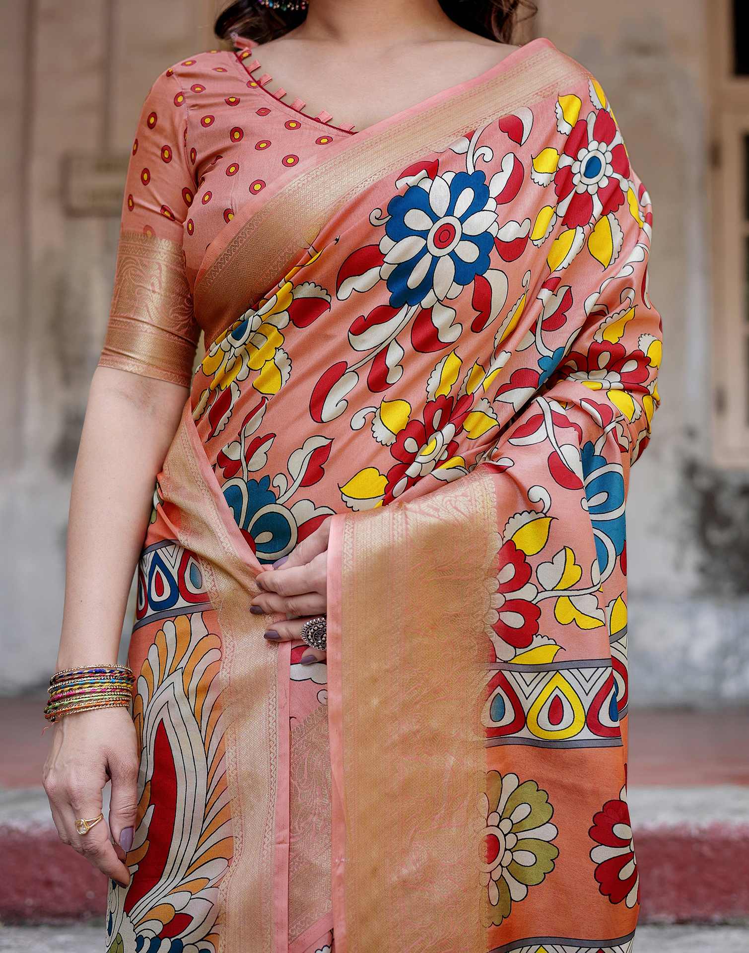 Light Peach Tussar Silk Printed Kalamkari Saree