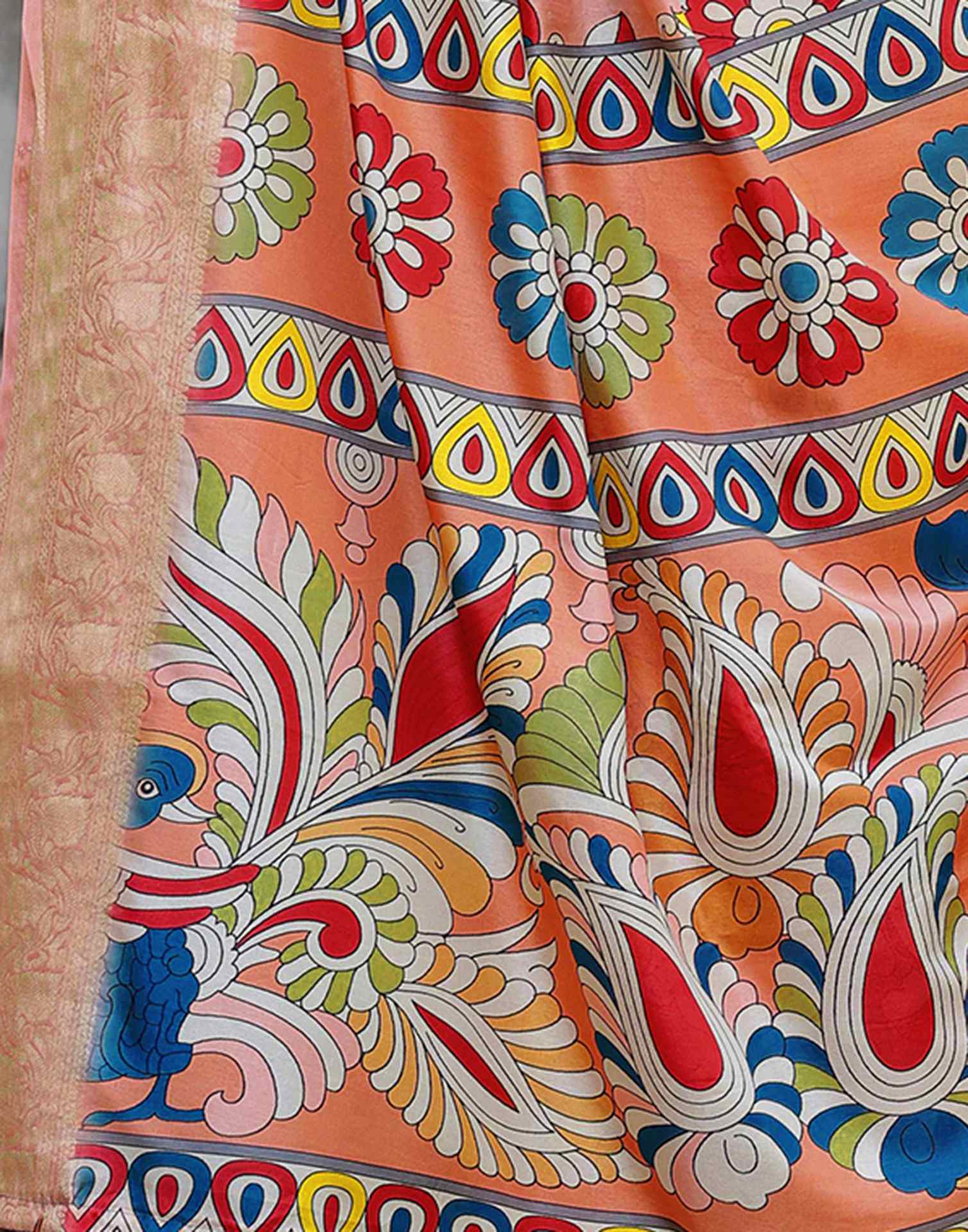 Light Peach Tussar Silk Printed Kalamkari Saree