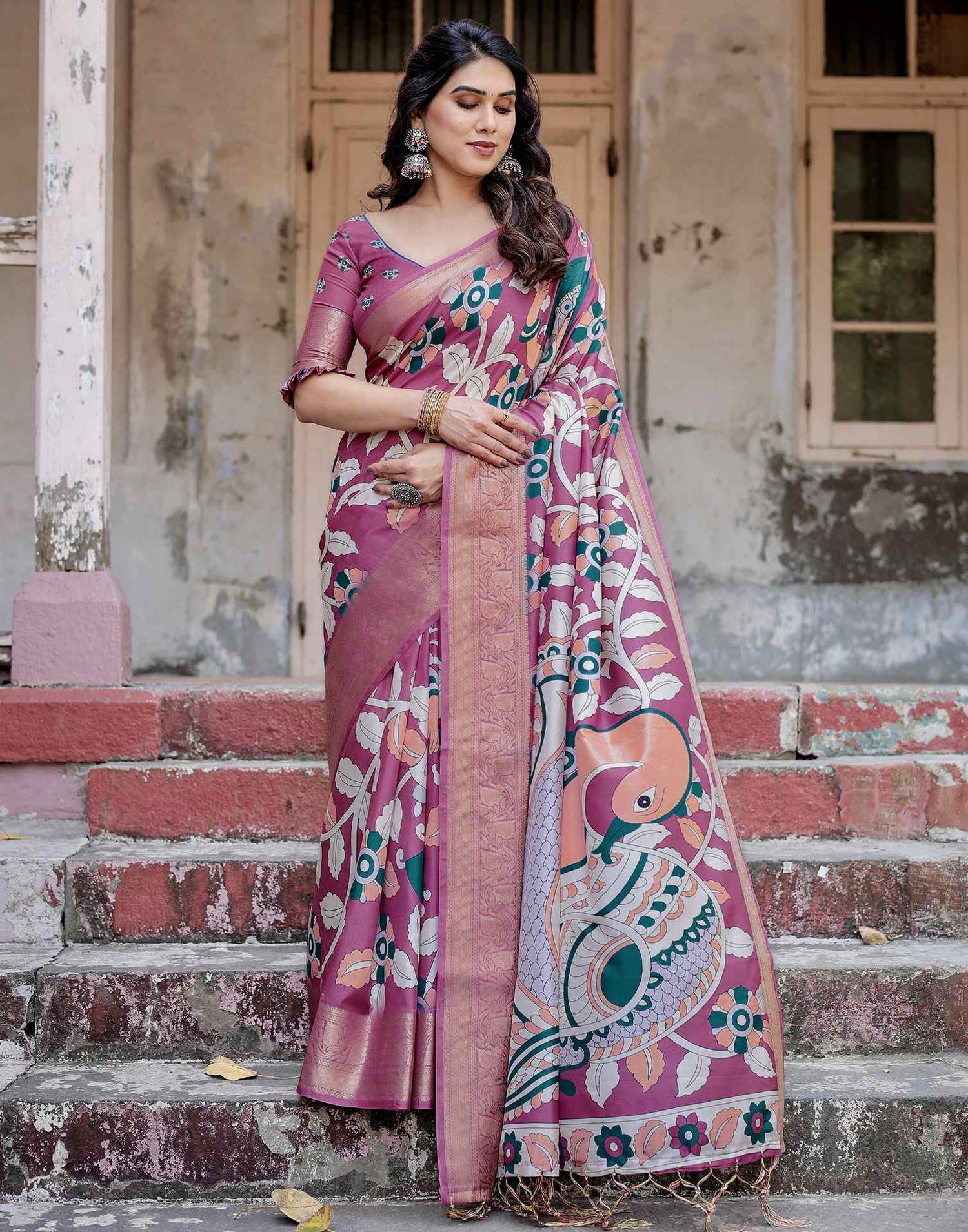 Dusty Purple Tussar Silk Printed Kalamkari Saree