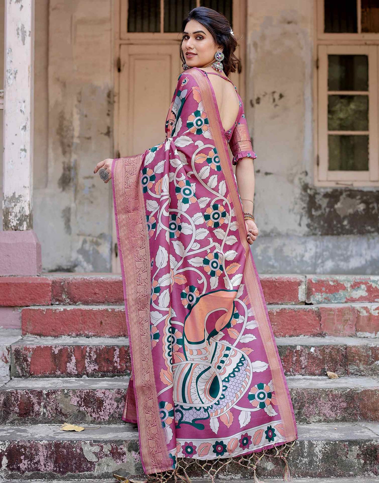 Dusty Purple Tussar Silk Printed Kalamkari Saree