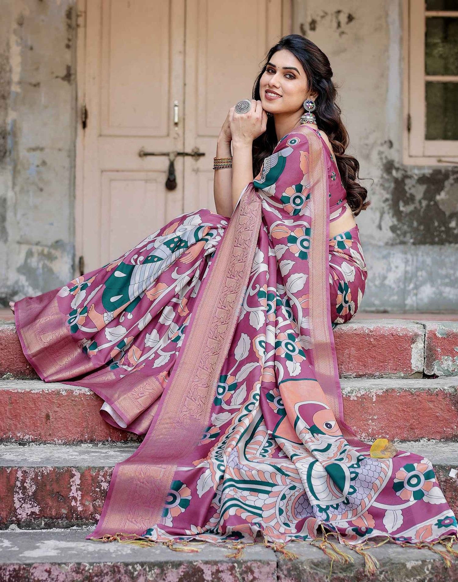 Dusty Purple Tussar Silk Printed Kalamkari Saree